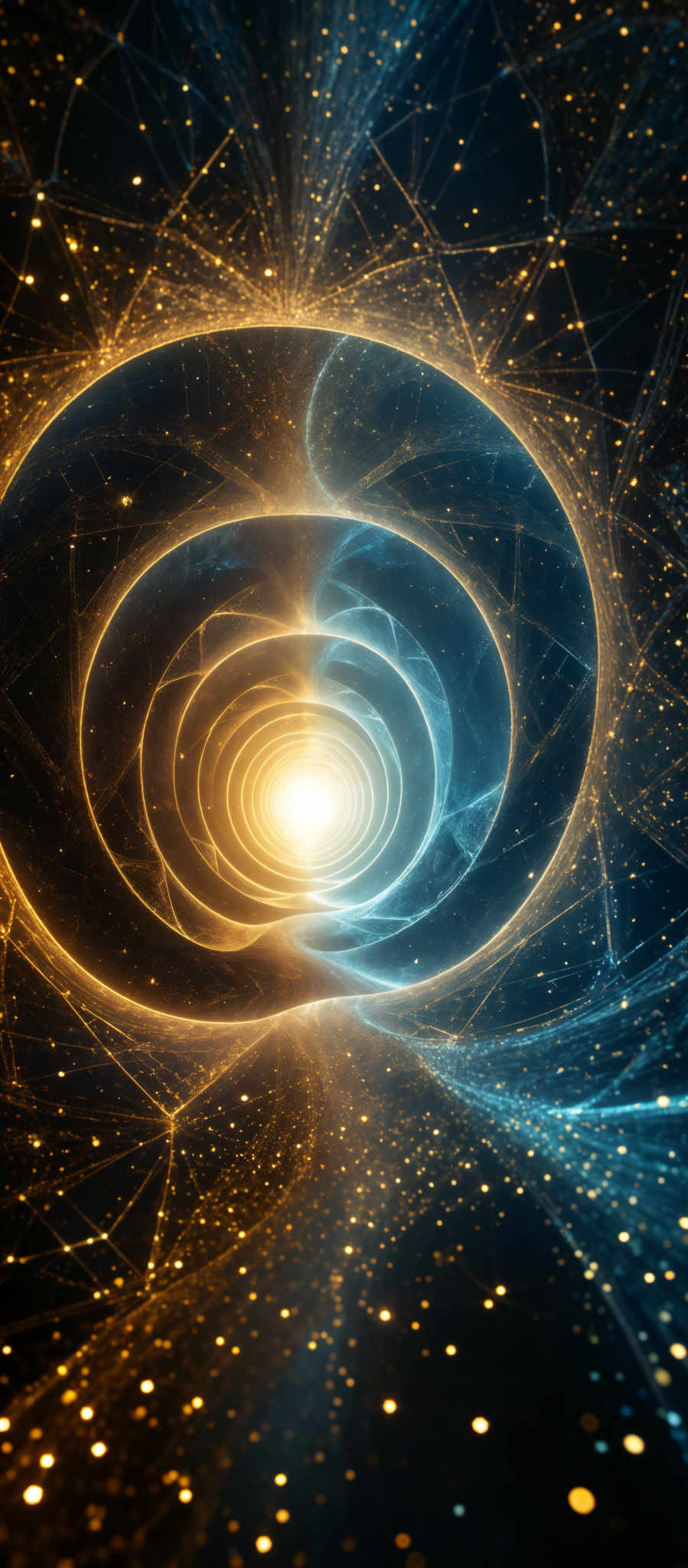 The image showcases a mesmerizing cosmic scene. It features a swirling vortex of golden and blue light, reminiscent of a wormhole or a portal to another dimension. Surrounding this central vortex are intricate patterns of interconnected lines and nodes, suggesting a complex network or web. The background is filled with a deep blue hue, dotted with numerous glowing golden particles, giving the impression of a starry night sky or a galaxy.