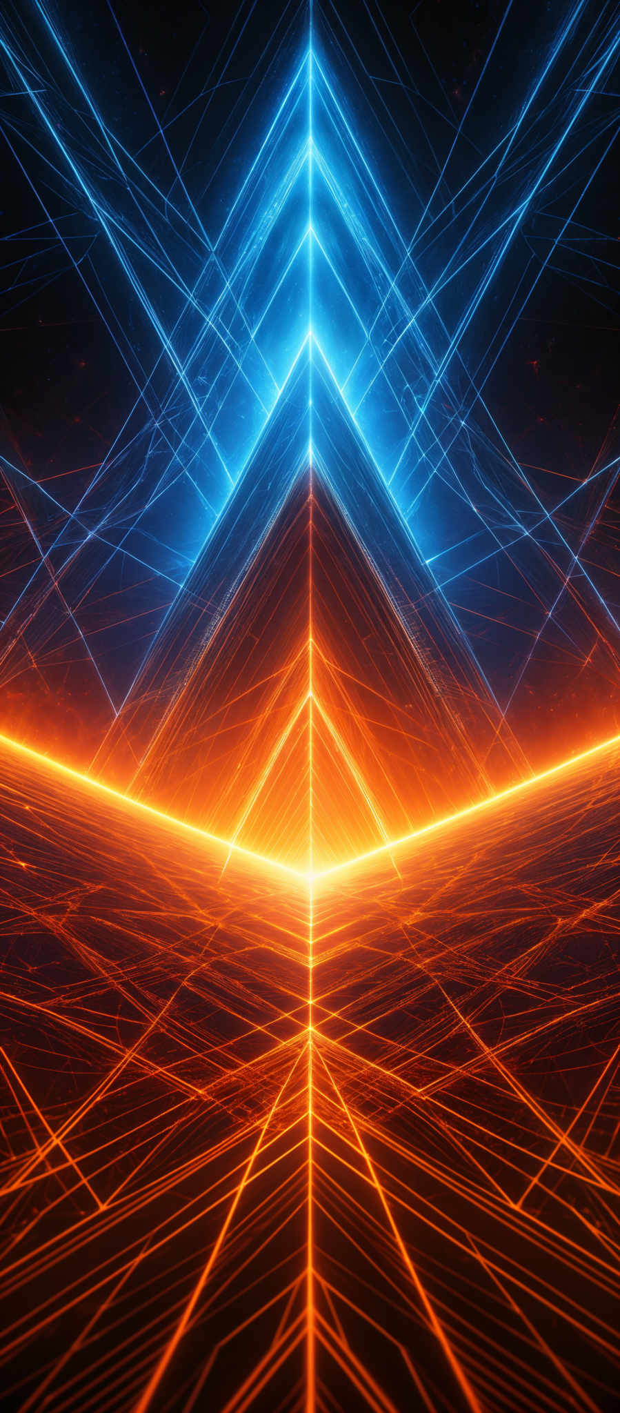 The image showcases a vibrant and dynamic digital artwork. It predominantly features two contrasting colors: a deep blue on the top and a fiery orange at the bottom. The artwork is structured with symmetrical geometric patterns, resembling a series of interconnected triangles and lines. The blue triangle at the top emits a radiant glow, while the orange triangle at its base reflects a fierce, burning light. The entire composition gives an impression of a futuristic or digital realm, possibly representing a convergence of two different energy sources or dimensions.