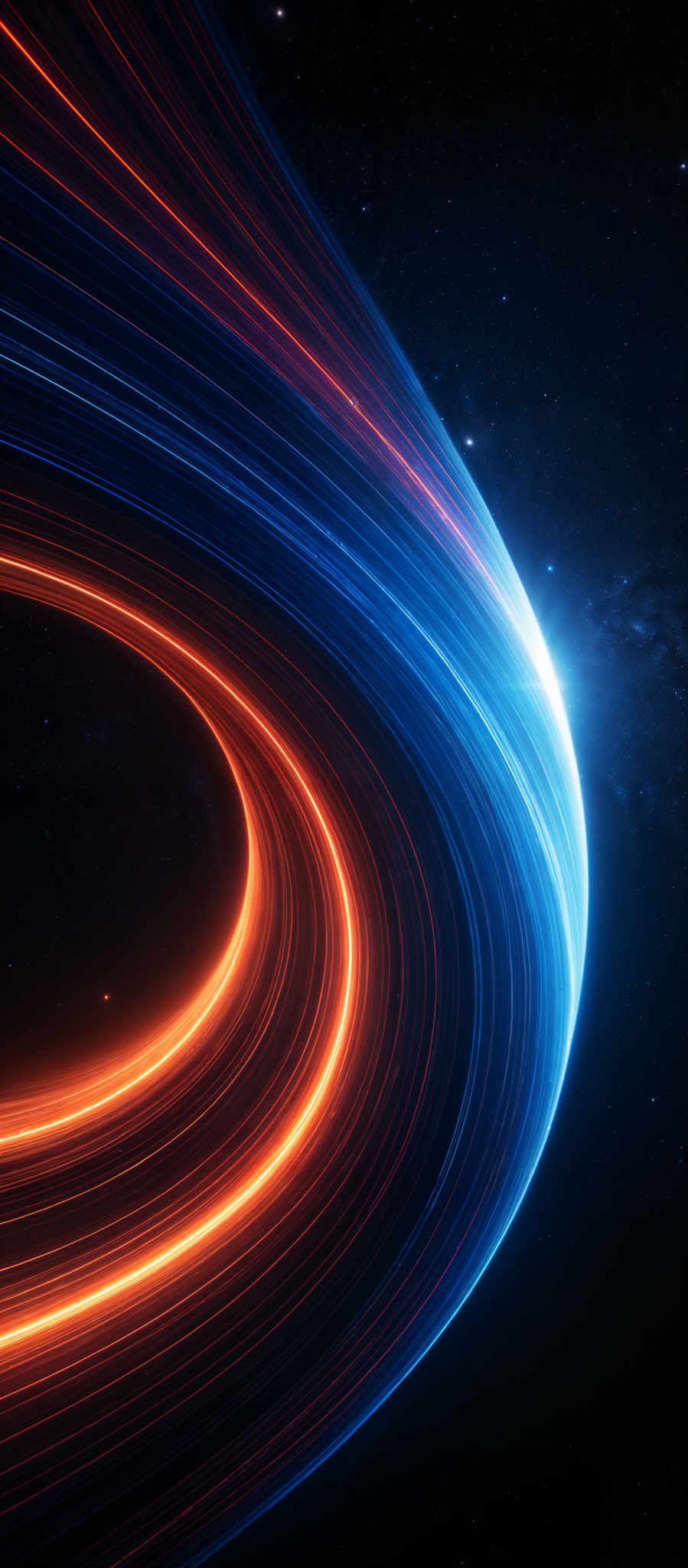 The image showcases vibrant swirling patterns of light. The dominant colors are deep blue and fiery orange. The swirls form concentric circles, reminiscent of the rings of a planet or perhaps the swirled patterns of a galaxy. The background is dark, suggesting a vast expanse of space, dotted with distant stars.