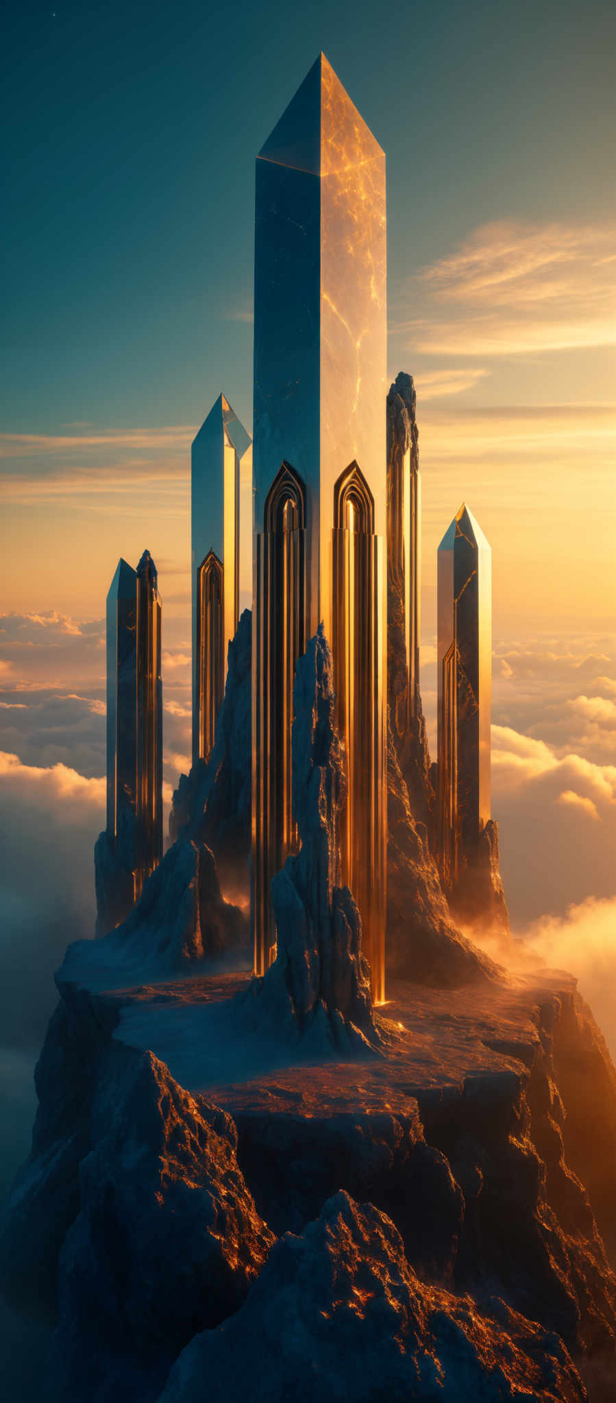 The image showcases tall, slender crystalline structures that appear to be floating above a sea of clouds. These structures have a reflective surface, with golden and blue hues, possibly indicating a sunset or sunrise. The base of the structures is surrounded by rugged, rocky terrain, and there are smaller rock formations scattered around. The sky above is a gradient of colors, transitioning from a deep blue at the top to a warm orange near the horizon.