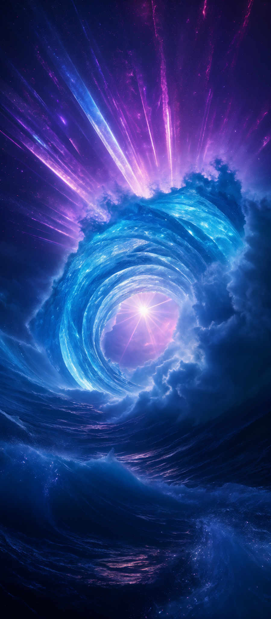 The image showcases a vibrant and mesmerizing cosmic scene. Dominating the center is a swirling vortex or wormhole, emanating a brilliant blue glow. This central formation is surrounded by a cascade of radiant light beams, emitting hues of purple, pink, and blue. Above the vortex, the sky is painted with deep purples and blues, dotted with distant stars. Below the vorte, there's a tumultuous sea, with waves crashing and foam churning. The sea reflects the colors of the sky, adding depth and contrast to the scene.