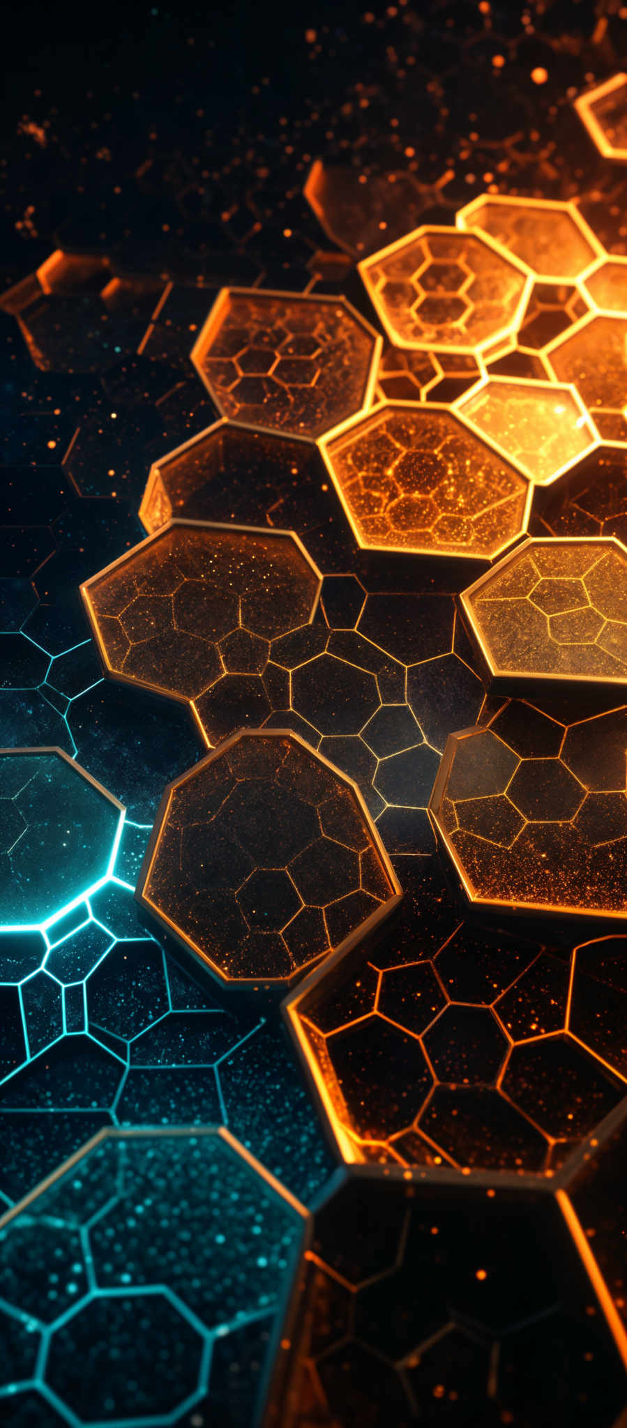 The image showcases a series of interconnected hexagonal shapes. These hexagons are illuminated with a glowing light, giving them a radiant appearance. The background is dark, which accentuates the brightness of the hexagones. The colors range from deep blues to fiery oranges, creating a contrast between cool and warm tones.