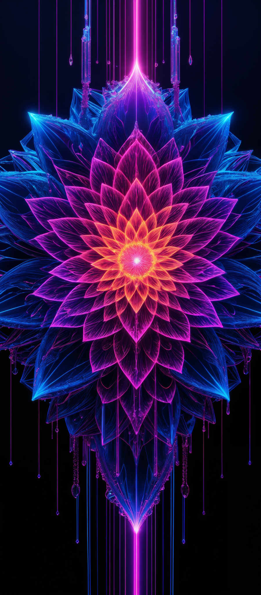 The image showcases a vibrant and intricate digital artwork. It features a symmetrical design with a central flower-like shape that radiates a bright, glowing light. The flower is surrounded by layered petals that exhibit a gradient of colors, transitioning from deep blue at the outermost layers to a bright orange at the center. The background is dark, which accentuates the luminosity of the flower and its surroundings. There are also vertical streaks of light that seem to emanate from the flower, cascading downwards.