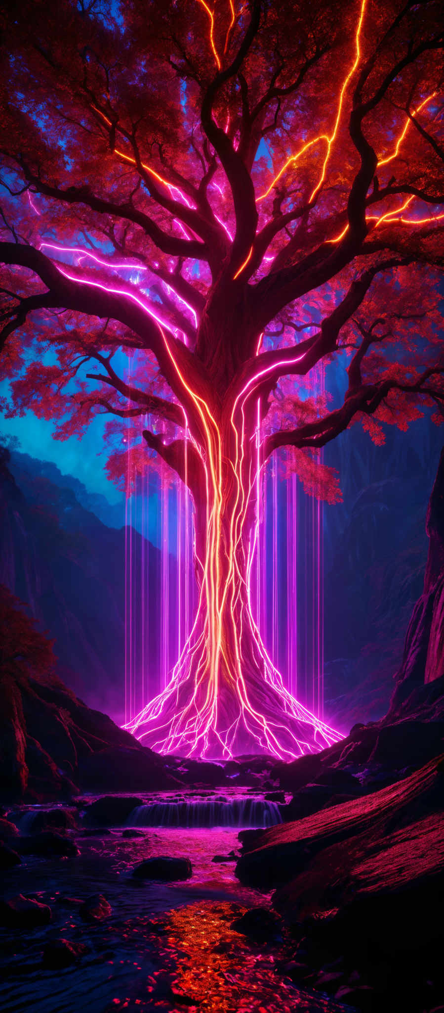 The image showcases a grand, mystical tree with vibrant, glowing neon-like tendrils emanating from its branches and roots. These tendrills are in hues of pink, orange, and blue. The tree stands tall amidst a serene landscape, with a calm river flowing beneath it. The river reflects the tree's radiant colors and the surrounding environment. The backdrop is a blend of deep blues and purples, suggesting a nighttime setting in a forest or mountainous region.