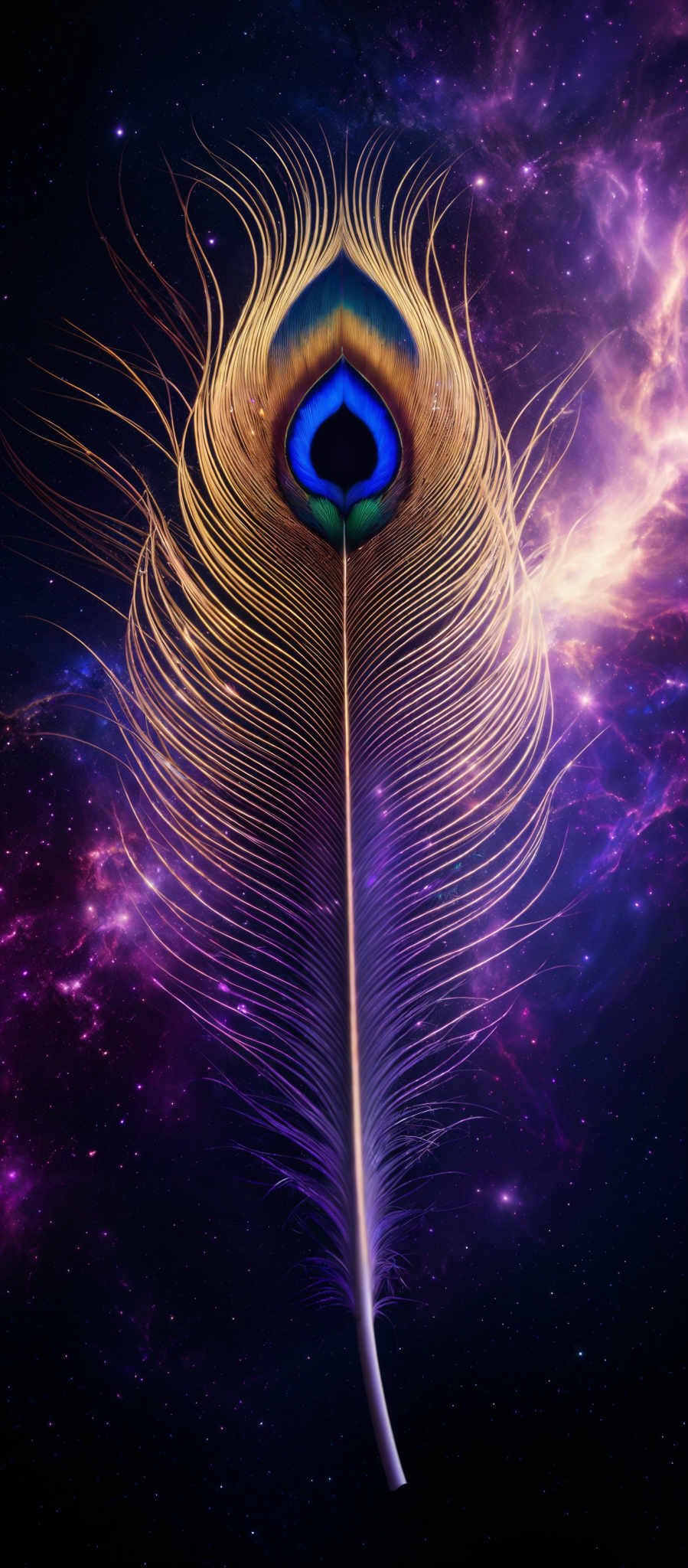 The image showcases a vibrant and intricate feather, possibly a peacock feather. The feather is elongated and has a golden hue with a prominent eye-like center that is a deep blue with a hint of green. The eye is surrounded by a golden ring. The surrounding area is a cosmic scene with purple and pink nebulae, stars, and a dark void, giving the feather a surreal and ethereal backdrop.