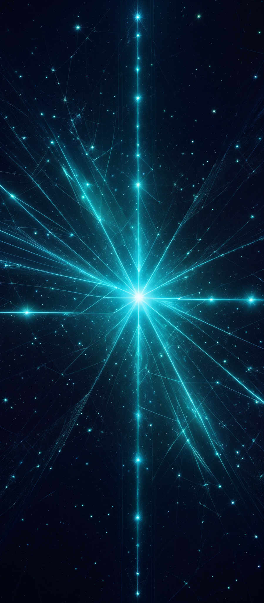 The image predominantly features a deep blue background with an explosion of light emanating from the center. The light radiates outwards in multiple directions, creating a starburst effect. The background is dotted with numerous small white points, resembling stars or distant galaxies. The overall shape is reminiscent of a cosmic explosion or a supernova, with the central light source being the most intense and brightest part.