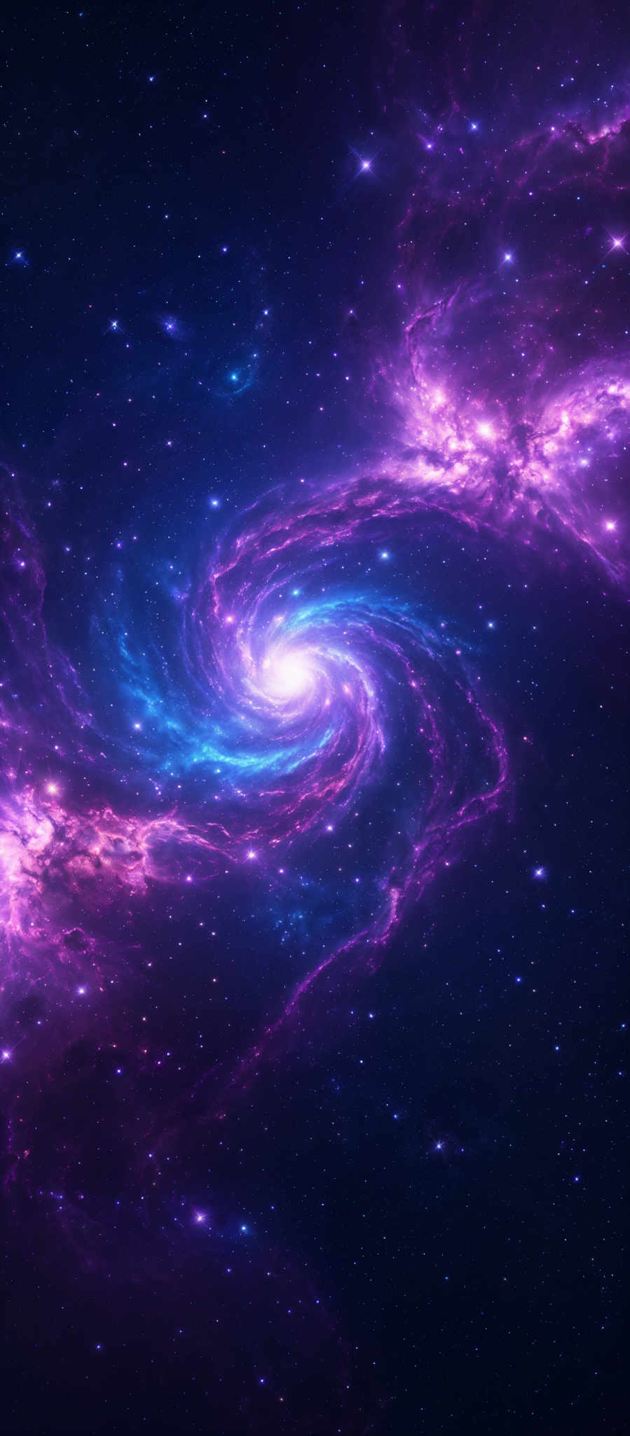 The image showcases a vibrant and mesmerizing cosmic scene. Dominated by deep blues and purples, it features a spiraling galaxy at its center, radiating a bright white light. Surrounding the galaxy are swirling nebulae in hues of pink, purple, and blue, interspersed with bright white stars. The vastness of space is filled with countless stars, some of which are brighter than others, creating a sense of depth and vastness.