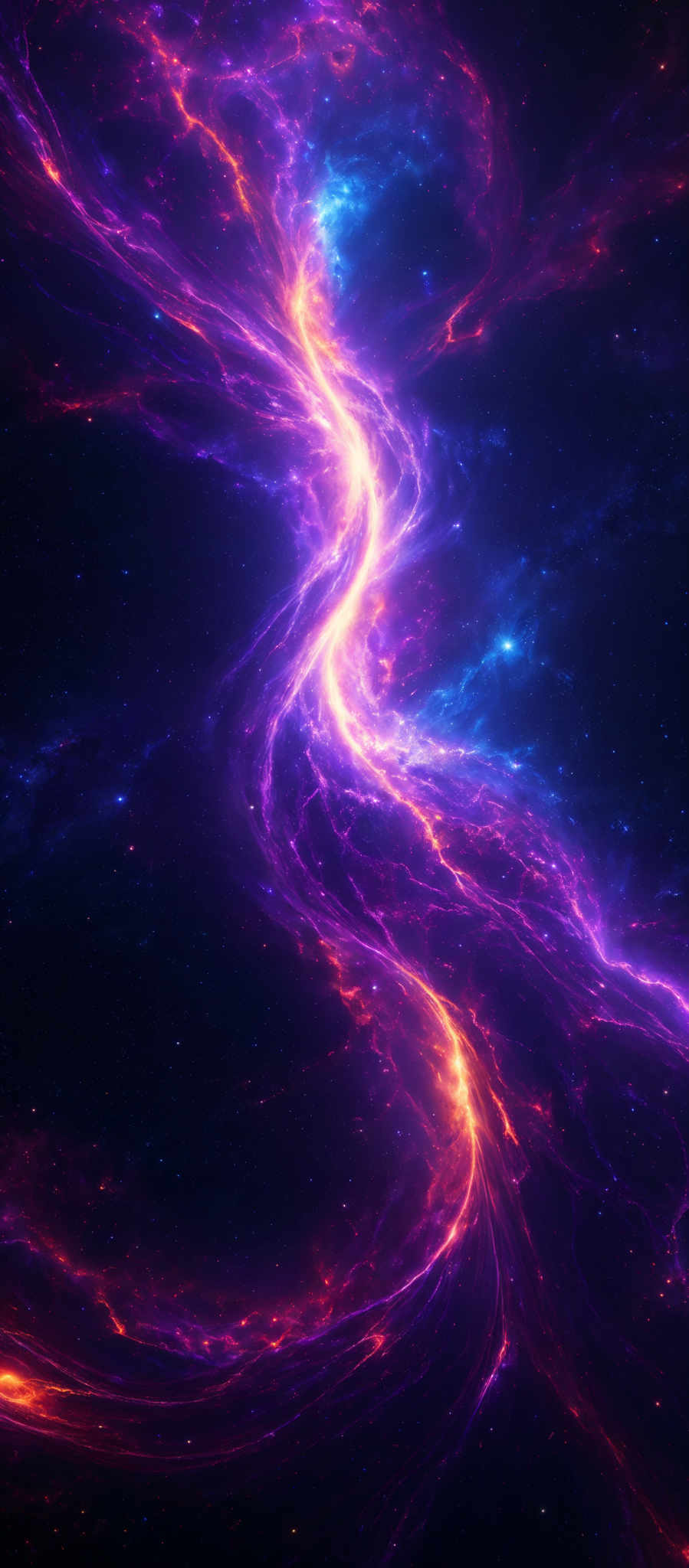 The image showcases a vibrant and mesmerizing cosmic scene. It predominantly features swirling patterns of vivid purple, pink, and orange nebulae intertwined with bright blue and white stars. The nebular formations appear as intricate, almost organic tendrils, weaving and interlocking against a backdrop of deep space dotted with distant stars.