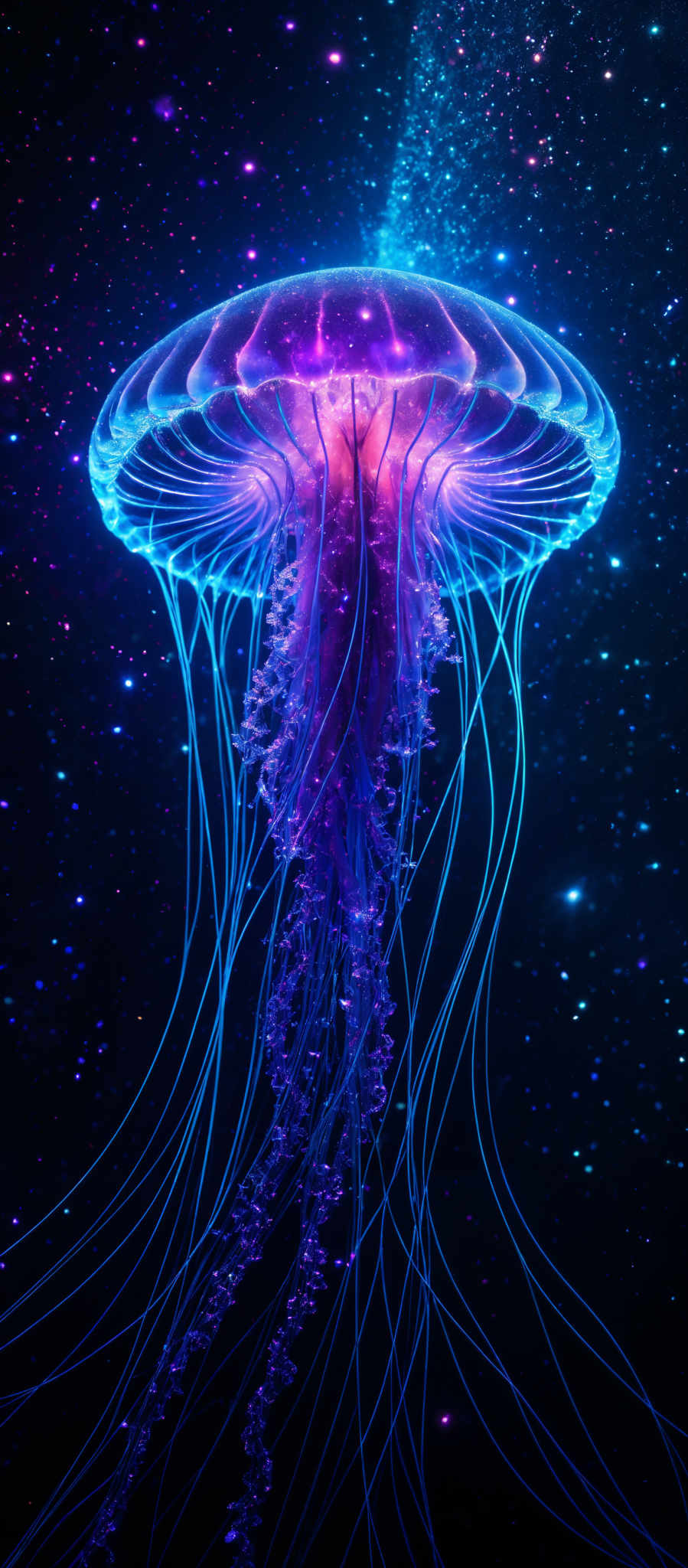 The image showcases a vibrant and mesmerizing depiction of a jellyfish. The jelly fish is translucent with a luminescent glow, predominantly in shades of blue and purple. It has an umbrella-shaped bell with delicate, elongated tentacles trailing below. The tentacles are illuminated with a radiant blue light, giving them an ethereal appearance. The background is a deep, starry space, with various shades and sizes of stars scattered throughout, adding to the otherworldly ambiance of the image, making the jelly flower appear as if it's floating in the cosmos.