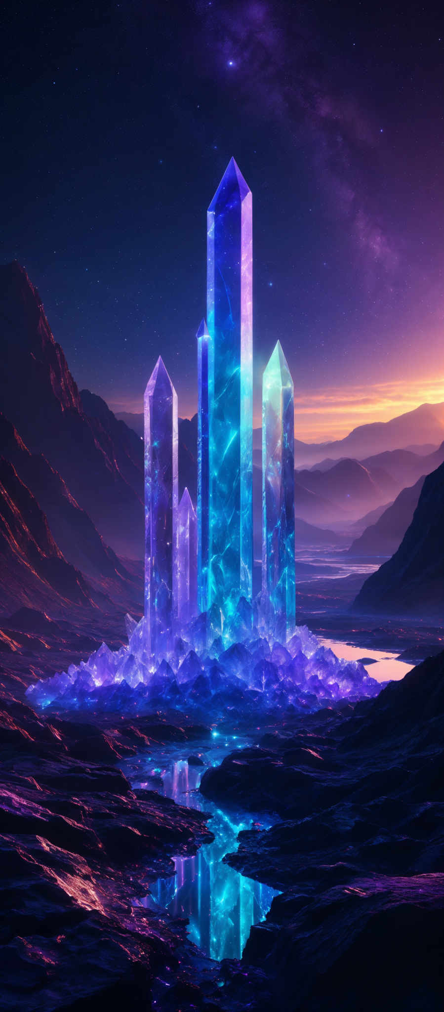 The image showcases a surreal landscape with towering crystalline structures that glow with hues of blue and purple. These structures are surrounded by a reflective surface, possibly water, that mirrors their luminescence. The background is a mesmerizing blend of deep purples, blues, and hints of orange, suggesting either a sunset or a sunrise. The terrain appears rugged with mountains and valleys, and the sky is dotted with stars, adding to the otherworldly ambiance.