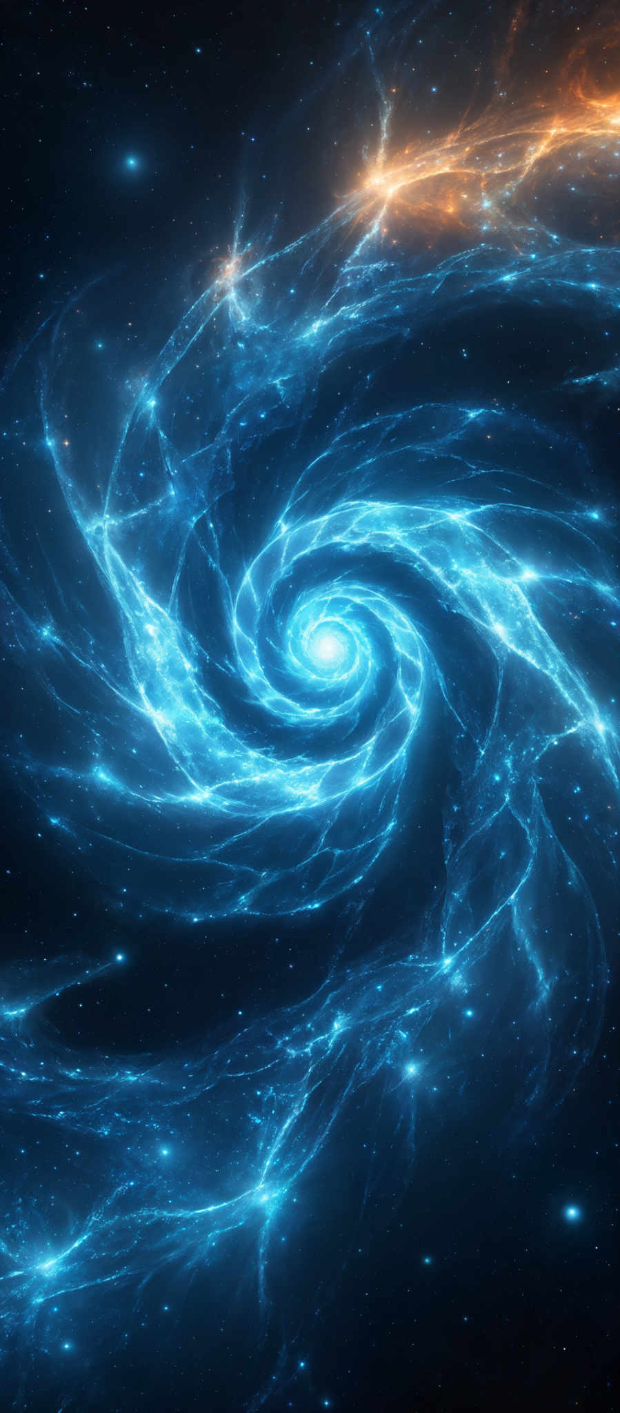 The image showcases a mesmerizing cosmic scene with swirling patterns of blue and orange nebulas. The blue nebulous formations resemble spiraling arms, reminiscent of a galaxy, while the orange regions give an impression of fiery regions or star-forming areas. The background is dotted with numerous bright stars, further enhancing the depth and vastness of space.