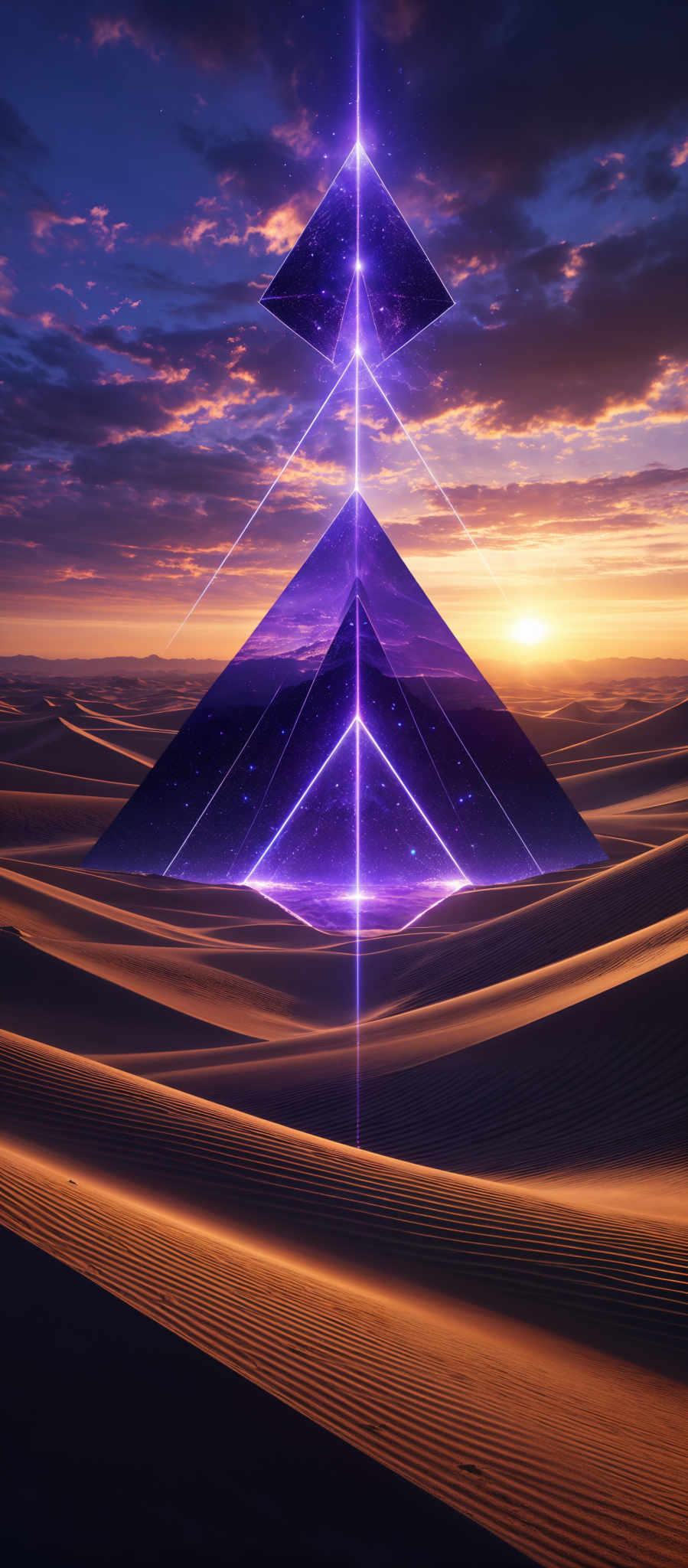 The image showcases a vast desert landscape with rolling sand dunes under a vibrant sky. The sky is painted with hues of orange, purple, and blue, indicating either a sunrise or sunset. Dominating the center of the image is a large, glowing pyramid-shaped structure. This pyramide is made of a translucent material that reveals a cosmic, starry interior. The structure emits a radiant purple light that connects to a smaller pyramidal shape above it. The entire scene is surreal, blending the natural beauty of the desert with the mystical aura of the glow-in-the-dark pyramids.