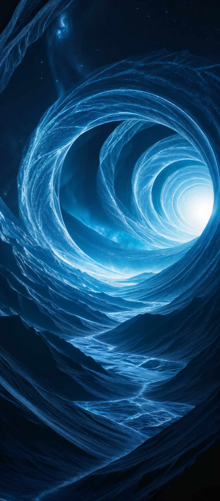 The image showcases a mesmerizing cosmic scene. Dominated by deep blues and whites, it features swirling galaxies or nebulae that seem to be spiraling into a central vortex or black hole. The swirls are intricate, with layers of cosmic dust and gas creating a sense of depth and movement. The central vortex emits a bright white light, contrasting sharply with the surrounding darkness. The overall impression is one of vastness, mystery, and the awe-inspiring beauty of the universe.