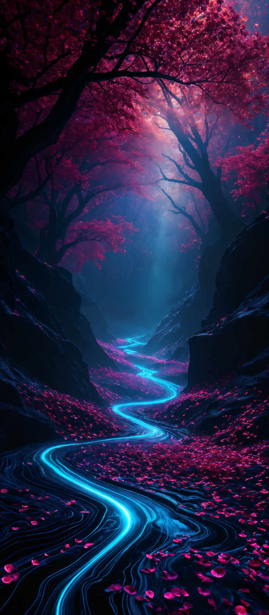 The image showcases a vibrant and ethereal forest scene. Dominating the scene are trees with thick trunks and sprawling branches, their leaves a fiery shade of red. The ground is covered with a dense layer of these red petals, creating a carpet-like effect. A meandering blue river or stream flows through the forest, its waters glowing with a luminescent blue hue. The overall color palette is a mix of deep blues, fiery reds, and hints of purple, creating an otherworldly and dreamlike atmosphere.