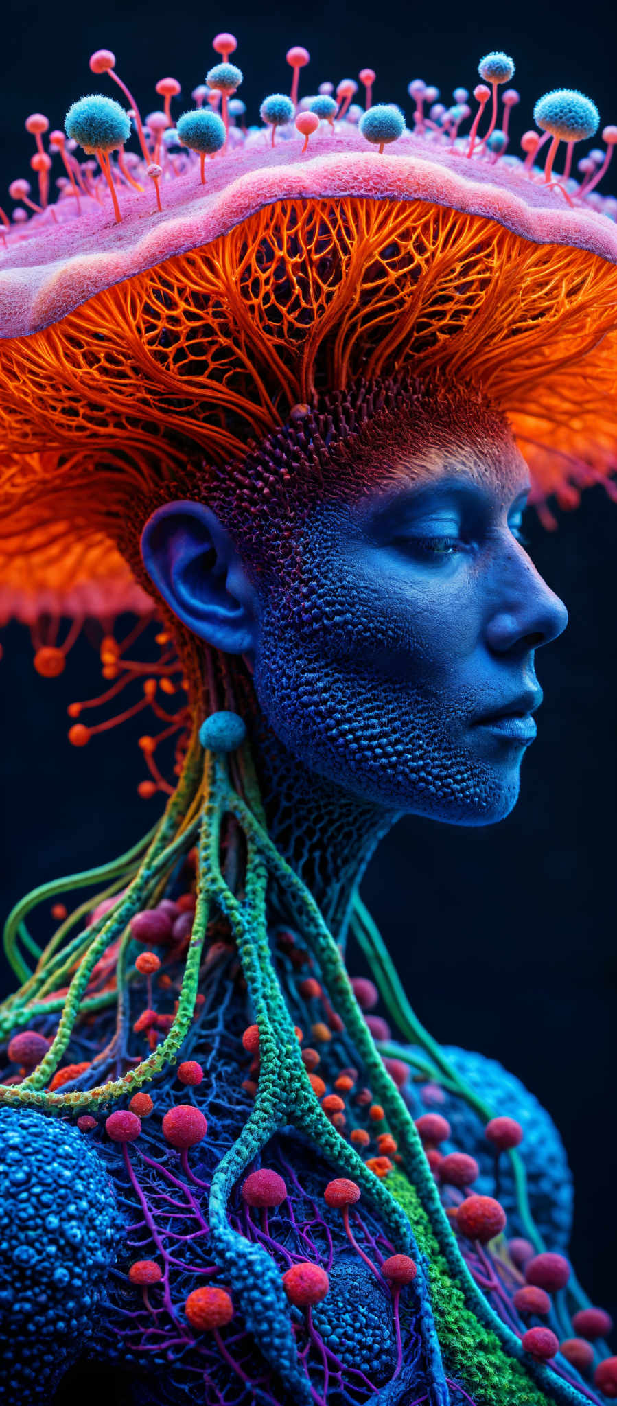 A blue and orange AI generated image of a woman's face and neck.