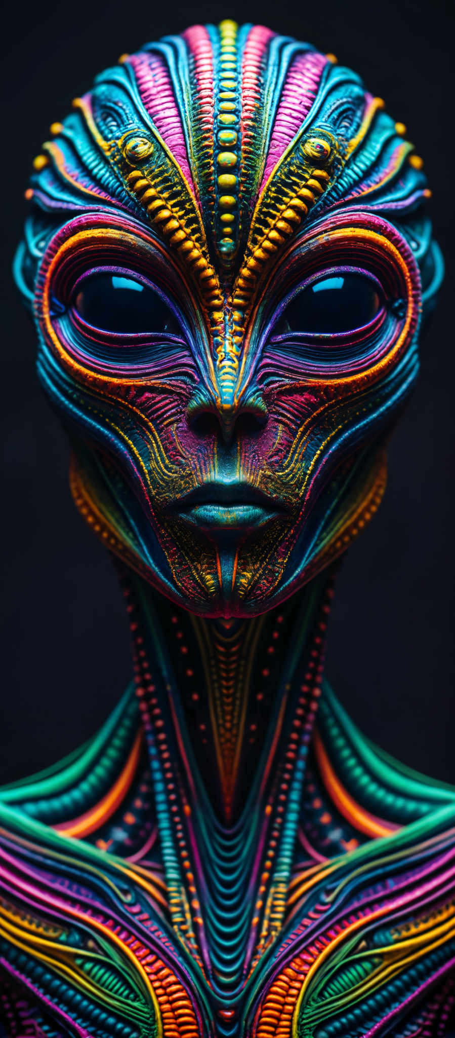 A colorful alien face with a large nose and two eyes. The face is composed of lines and dots in various colors including blue green orange and purple. The alien's mouth is closed and it appears to be looking straight ahead. The background is black which makes the colors of the alien stand out even more. The image does not contain any text or other discernible objects. The relative position of the eyes and nose on the alien's face is typical of a human face with the eyes above the nose. The colors and shapes of the face are symmetrical adding to the alien-like appearance. The overall impression is of a digital art piece or a computer-generated image.