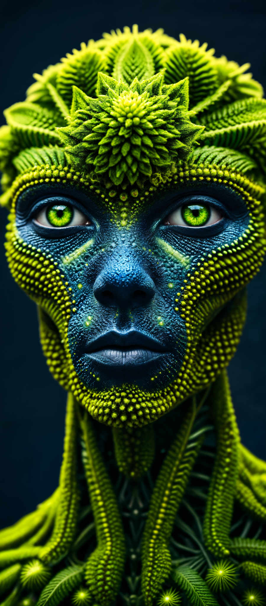 A close up of an alien face with green eyes and blue skin.