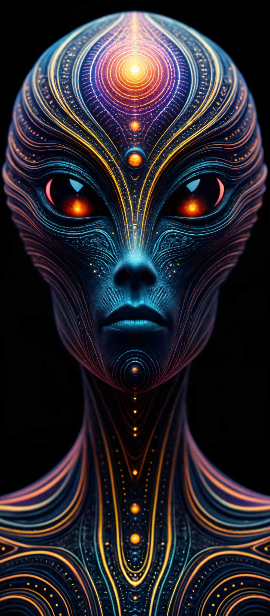 An alien with glowing red eyes and a blue face.