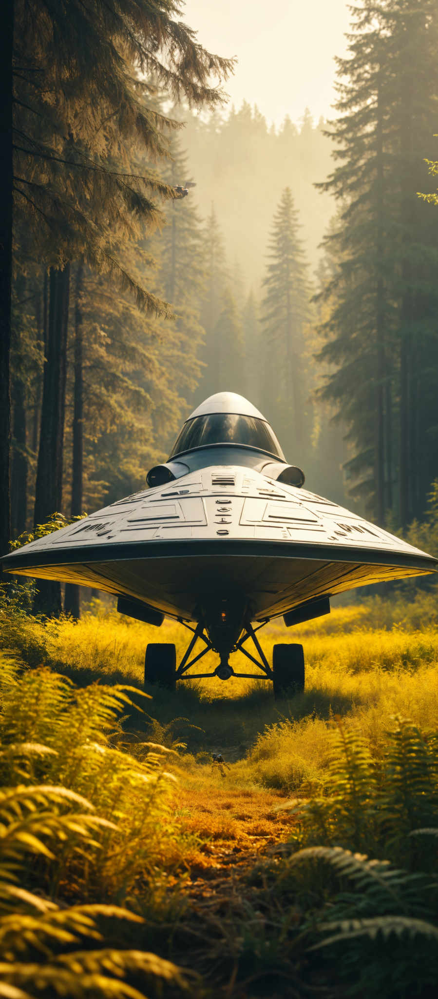 A futuristic spaceship is parked in a forest. The spaceship is silver and black with a dome on top. It has two engines and a triangular shape. The forest is filled with tall trees and yellow flowers. The sky is hazy and blue. The image is a digital illustration.