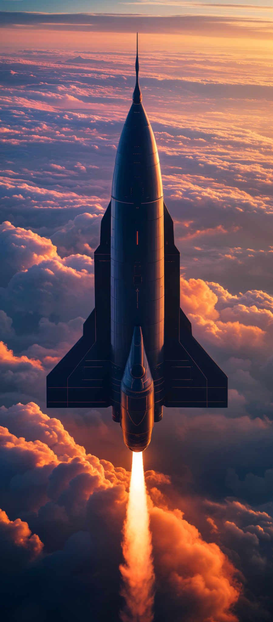 A black rocket ship is flying through the sky.