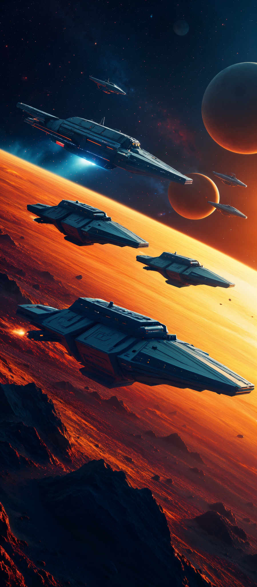 The image shows a group of futuristic spaceships flying through a red and orange galaxy. The spaceships are gray and angular with pointed noses and multiple fins. They are flying in a diagonal formation with the largest ship in the center and the smallest at the front. The galaxy is filled with stars and planets creating a vibrant backdrop for the spaceships. The image is a digital illustration and the colors are bright and vibrant. The overall scene suggests a futuristic space adventure.