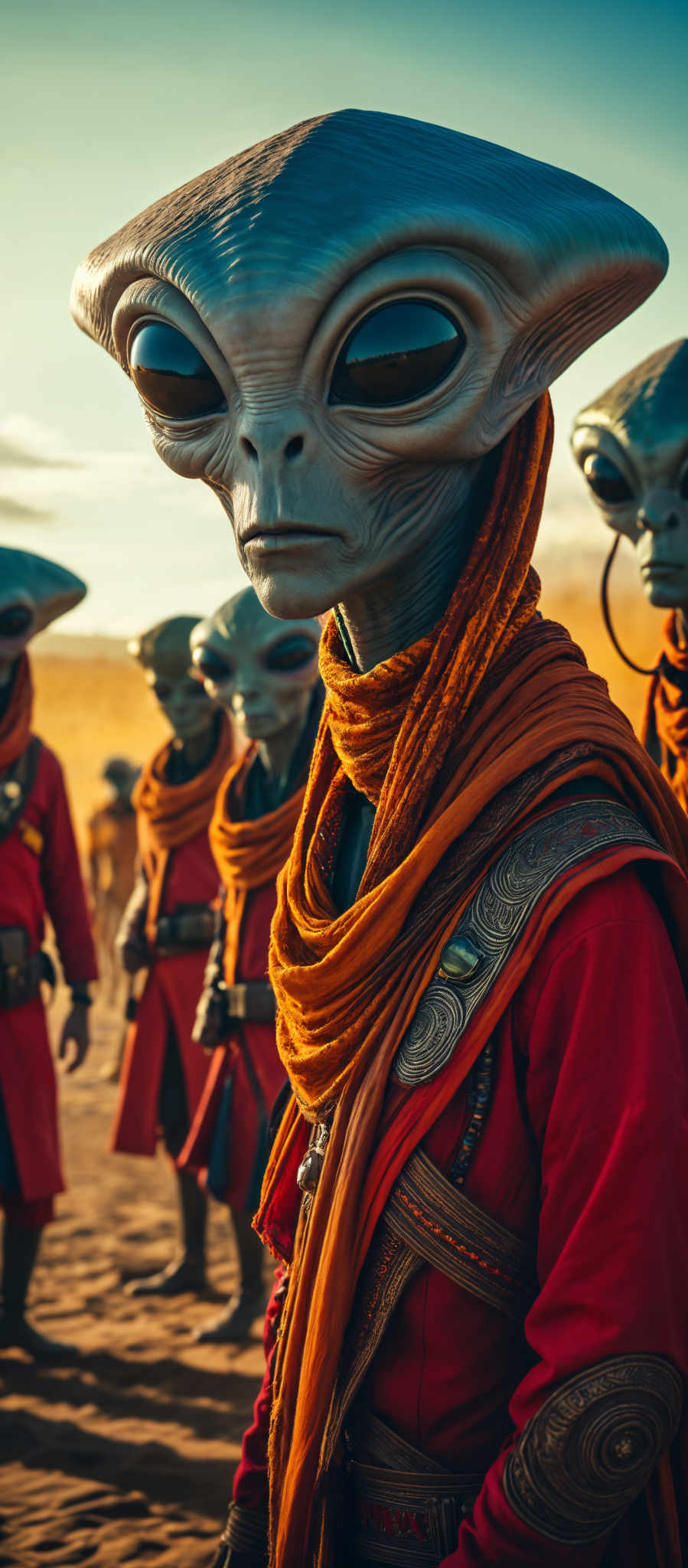 The image shows a group of alien-like creatures standing in a desert. They are wearing red robes and have large heads. The sky is blue and the sun is shining brightly.