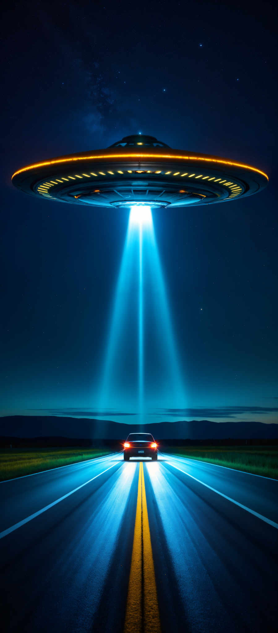 A car is driving on a road under a UFO.