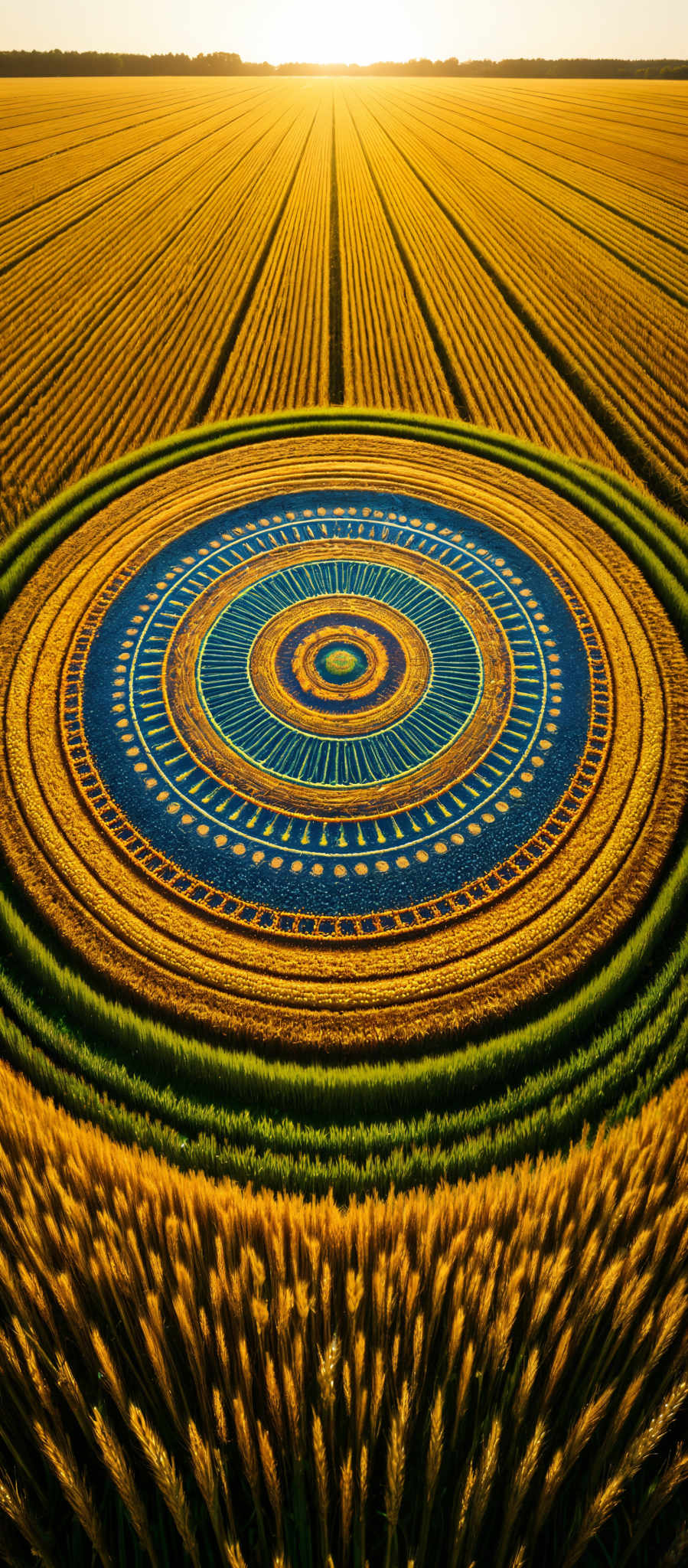 A vibrant circular design with a blue and yellow border. The center of the design is a yellow circle with a green dot in the middle. The border is composed of a series of concentric circles each with a unique pattern. The outermost circle is adorned with a repeating pattern of blue and gold lines. The design is set against a backdrop of green and yellow stripes.