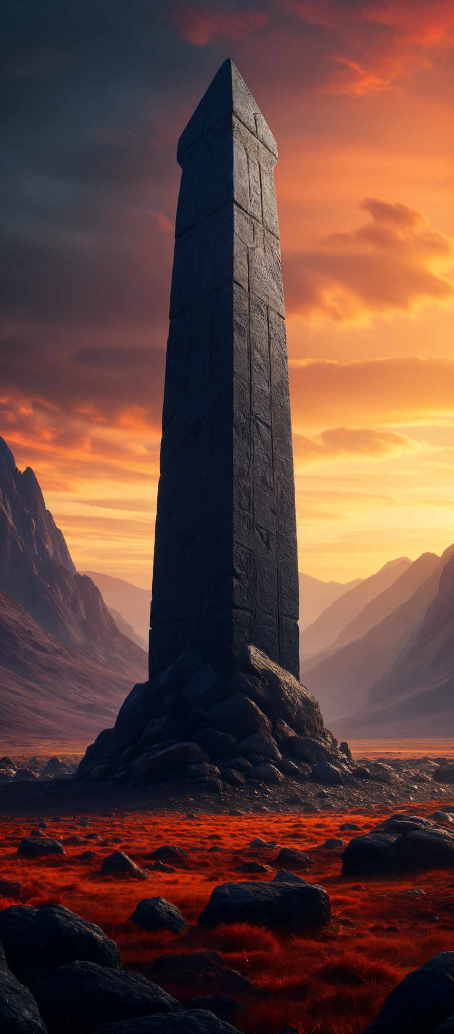 A tall black obelisk stands in a desert landscape with mountains in the background.