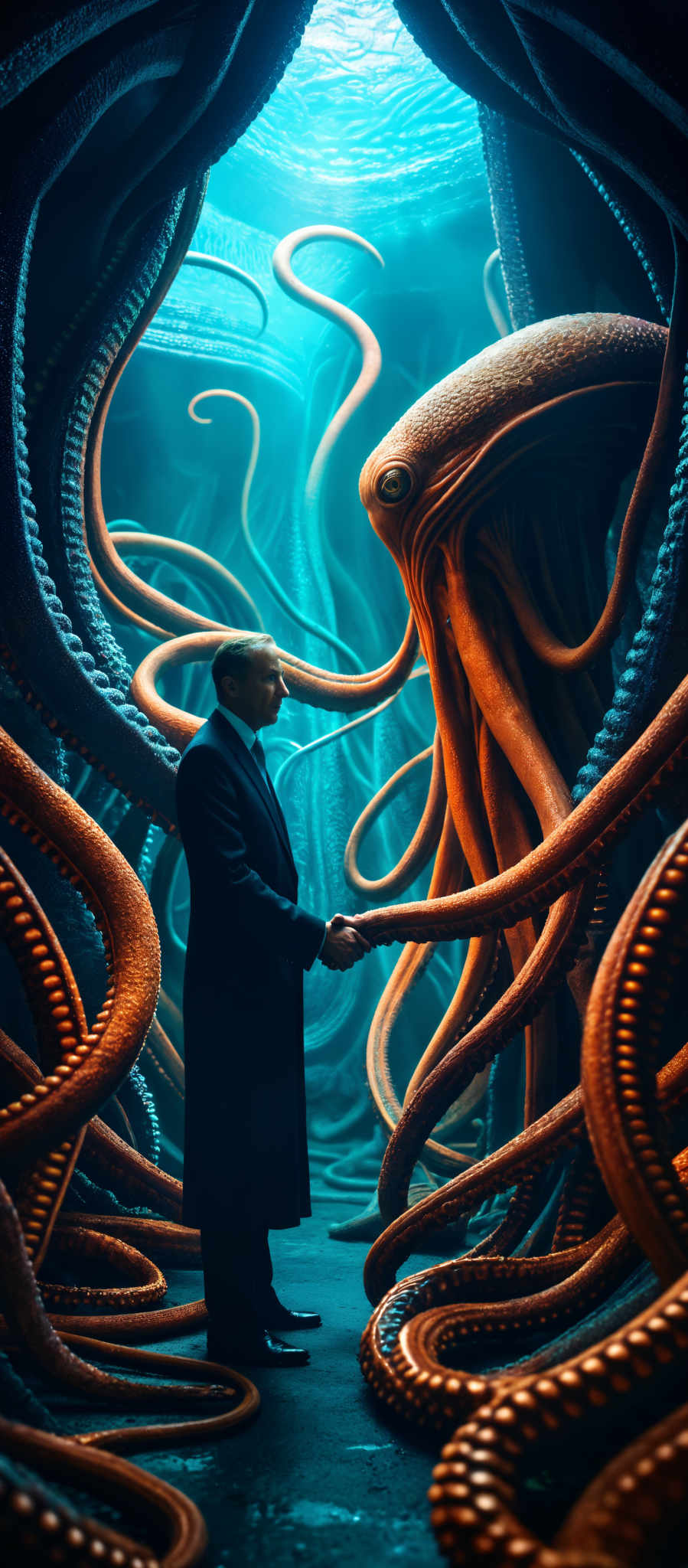 A man in a suit shakes hands with a giant squid.