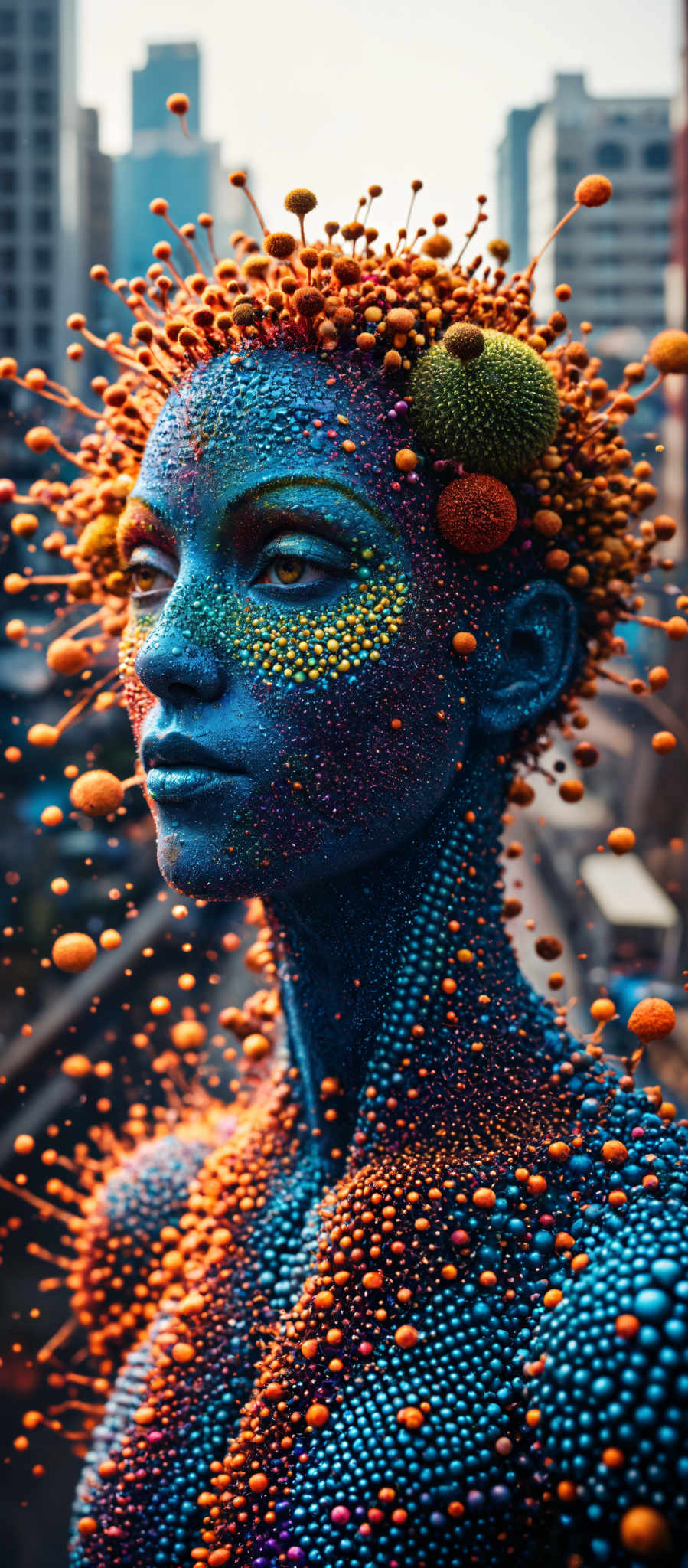 A blue face with a colorful mosaic of dots and circles on it.