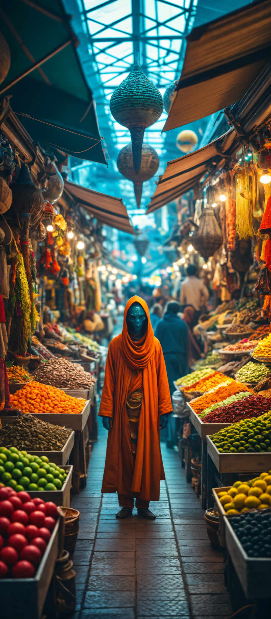 A person in an orange robe stands in front of a market stall filled with colorful spices.