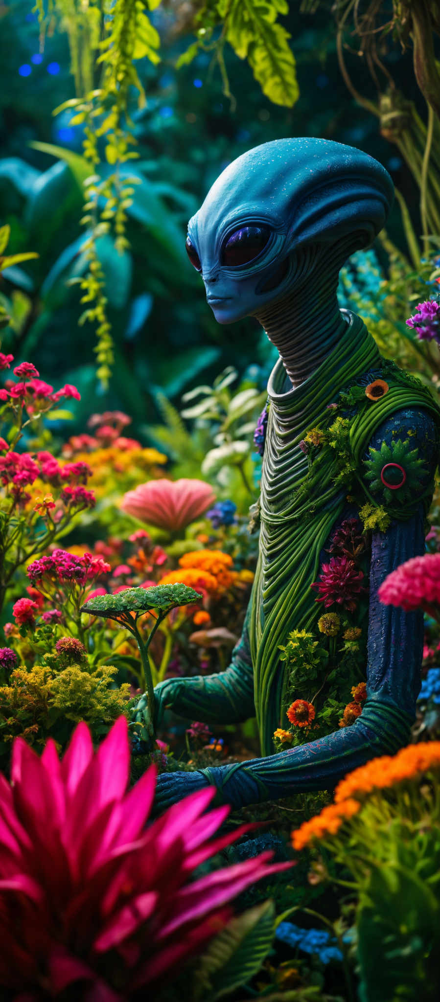 A blue alien with a green body and a long neck stands in a garden. The alien is surrounded by a variety of colorful flowers and plants.