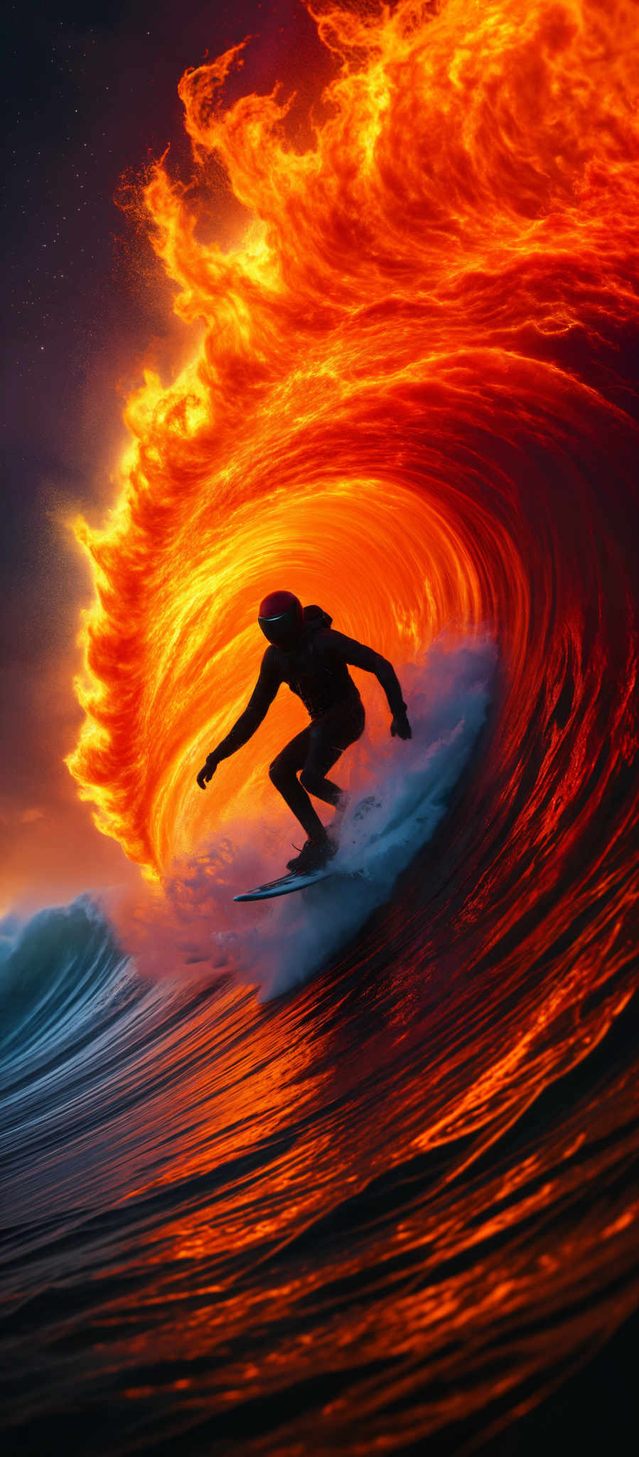 A surfer in a red helmet is riding a wave on a surfboard.