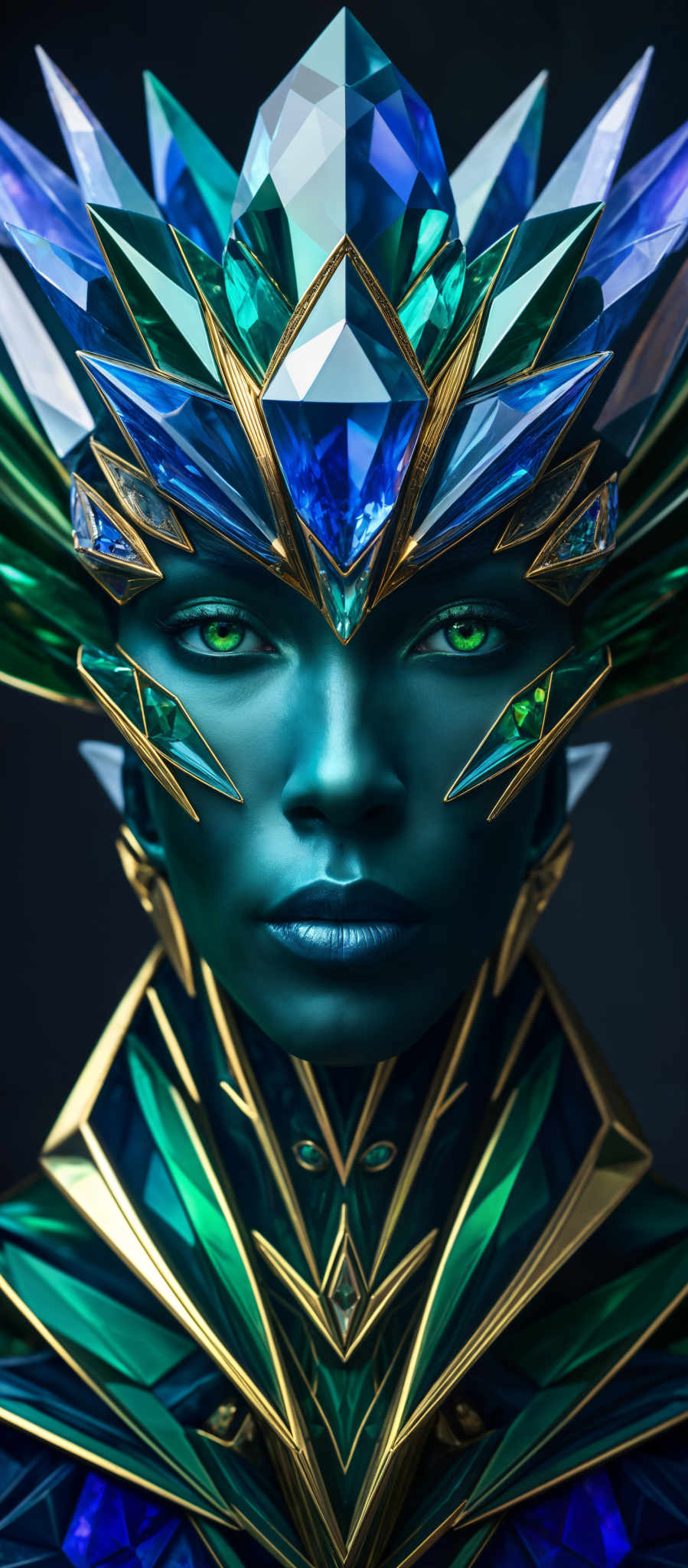 A digital image of a woman's face with blue skin and green eyes.