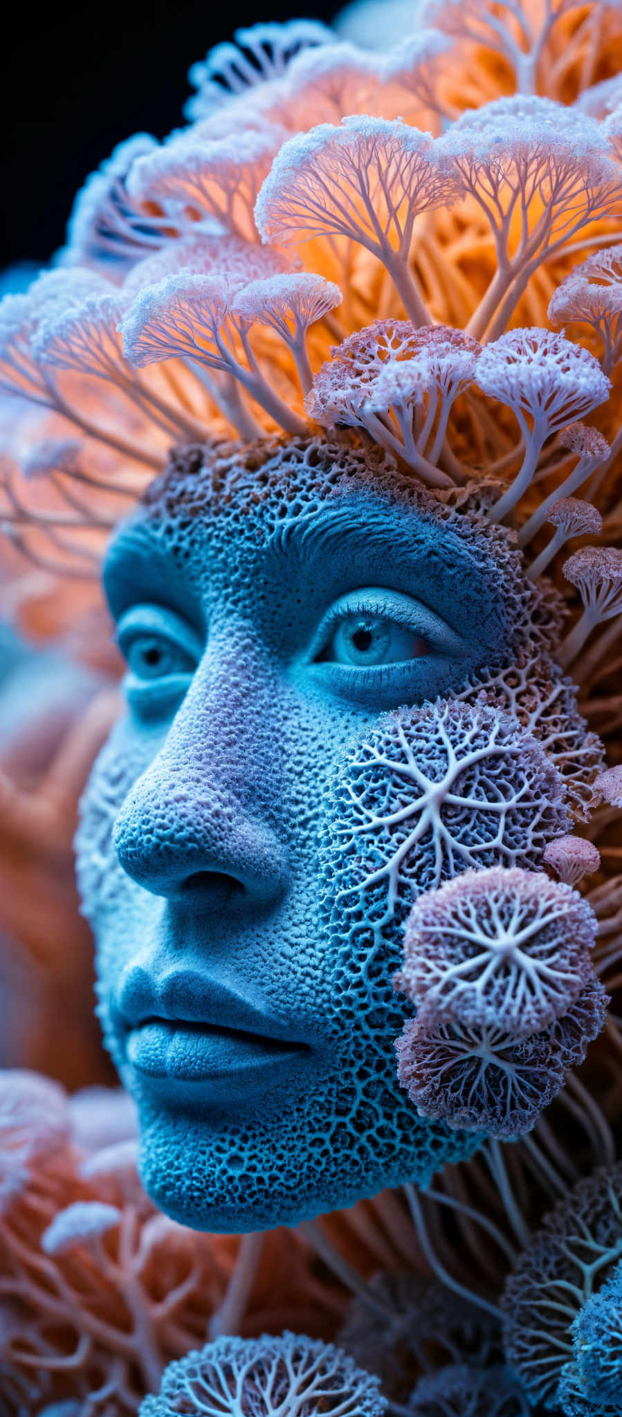 A blue sculpture of a face with a tree-like design on its nose and mouth. The face is surrounded by mushrooms.