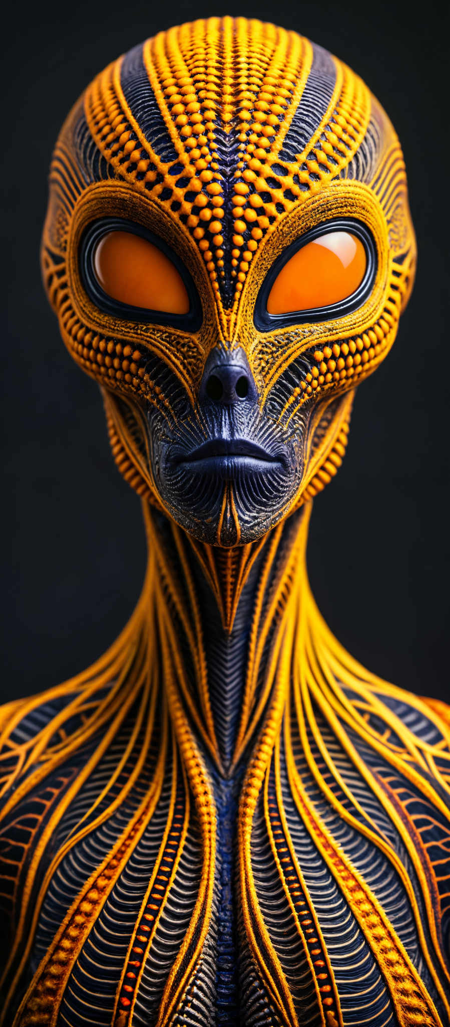 An alien-like creature with a large head and a long neck. The creature has a blue face with a mouth and two eyes. The body of the creature is covered in a pattern of orange and yellow lines. The background is black.