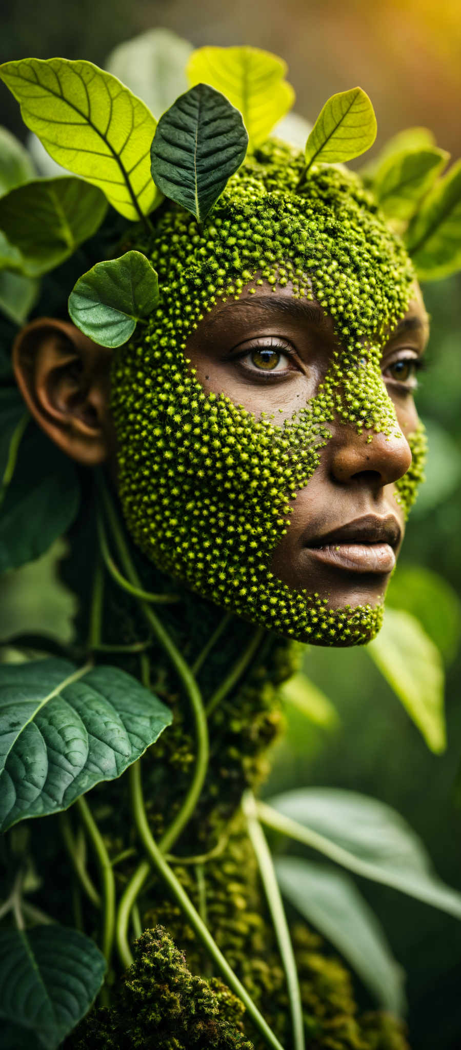 A woman with a face painted with green leaves and yellow flowers.