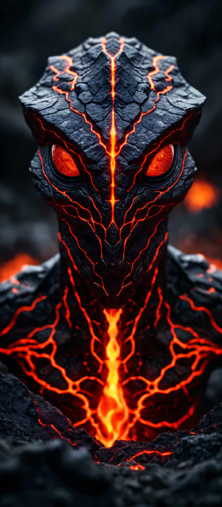 A close up of a creature with glowing red eyes and a black body.