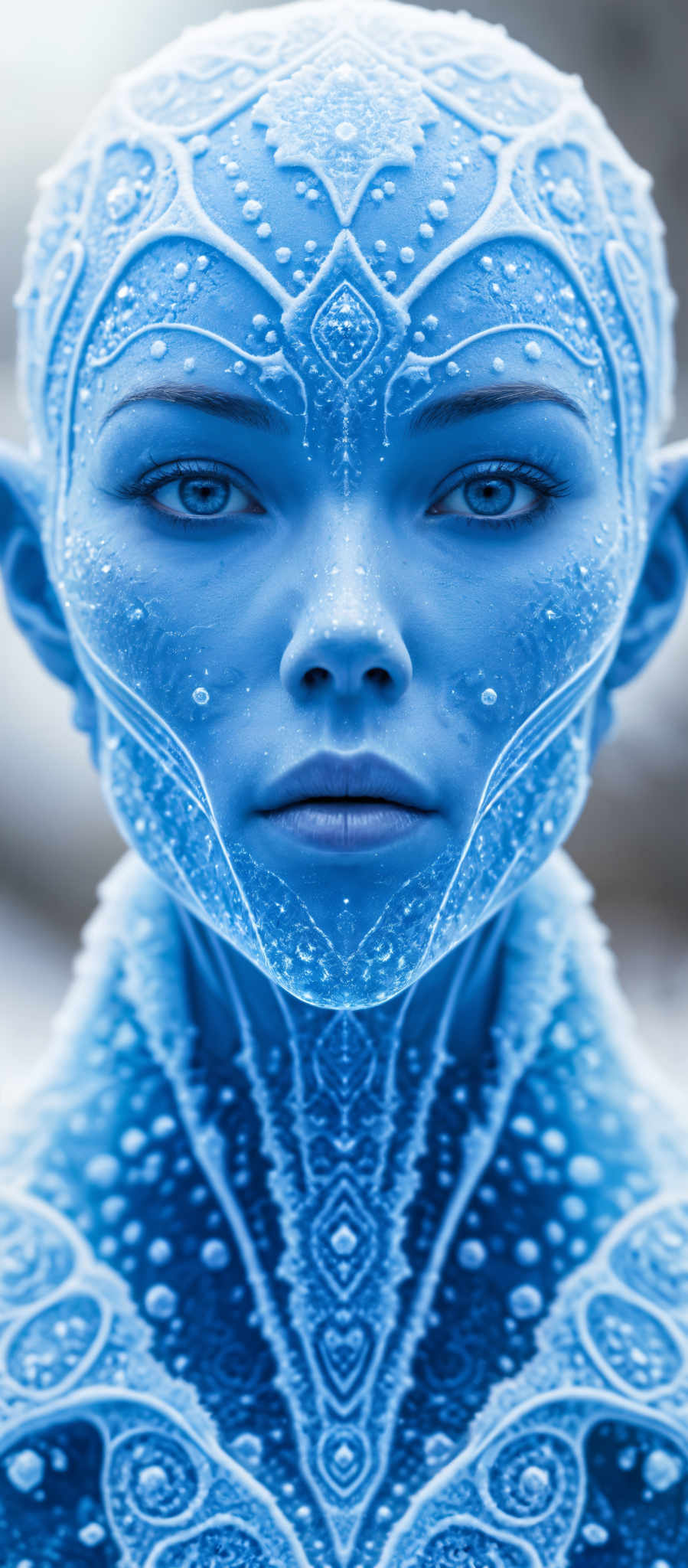 A close up of a blue alien face with water droplets on its skin.