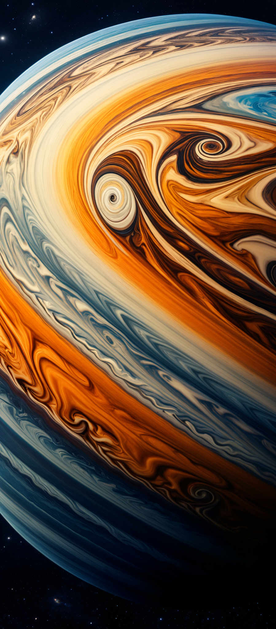 A close up of a spiral galaxy with a blue and orange color scheme.