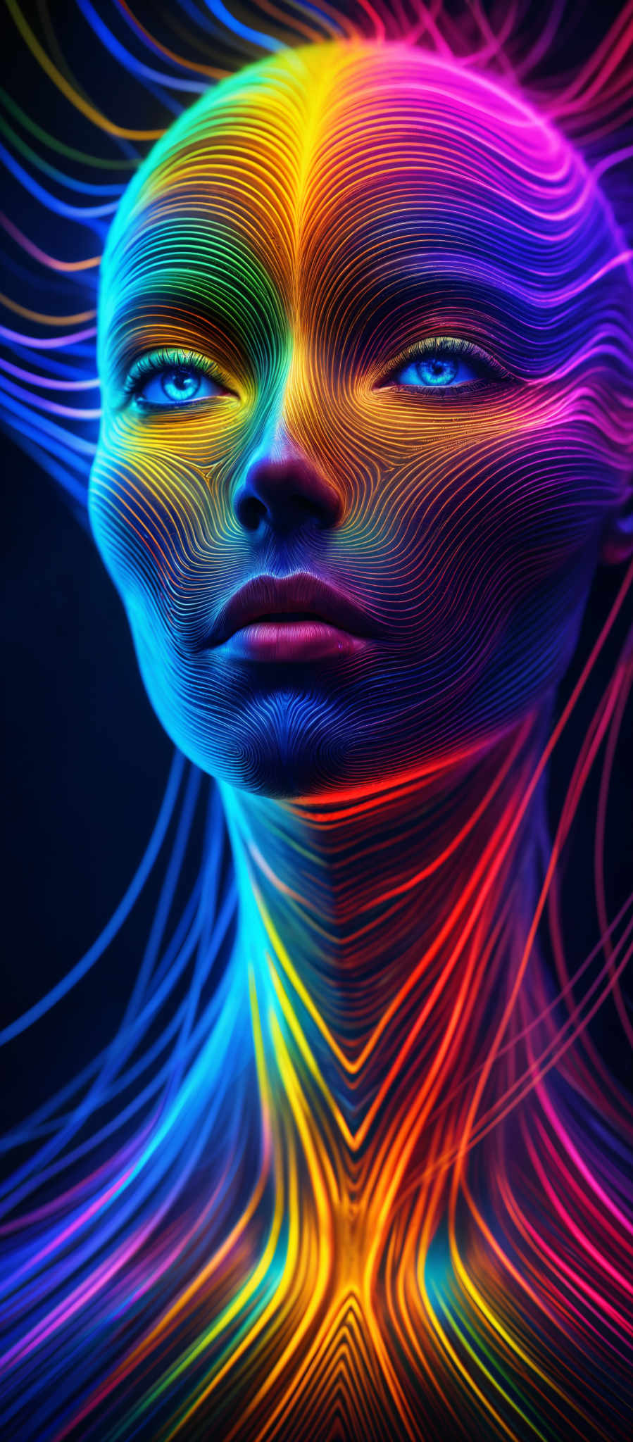 A colorful abstract image of a woman's face with blue red yellow and purple lines.