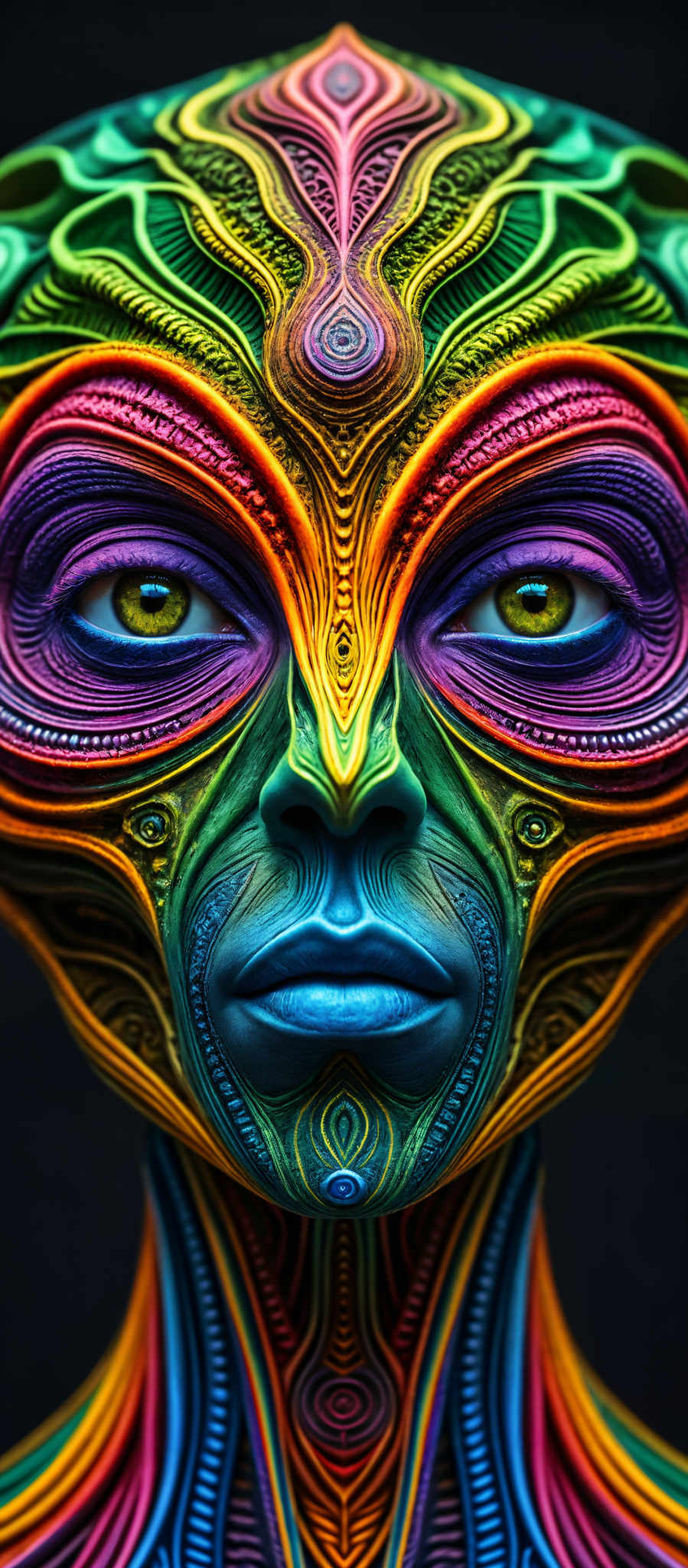 A colorful abstract image of a face with a blue nose and mouth. The face is surrounded by a vibrant swirling pattern of purple orange and yellow. The eyes of the face are a striking blue and the nose and lips are a deep blue. The background is a stark black which makes the colors of the design stand out even more. The image is a close-up focusing on the face and the surrounding pattern. The design is intricate and detailed with a lot of swirls and curves in the pattern. There are no other objects or text in the image and no actions are taking place. The relative position of the objects is such that the face is in the center with the pattern surrounding it. The black background surrounds the entire image.