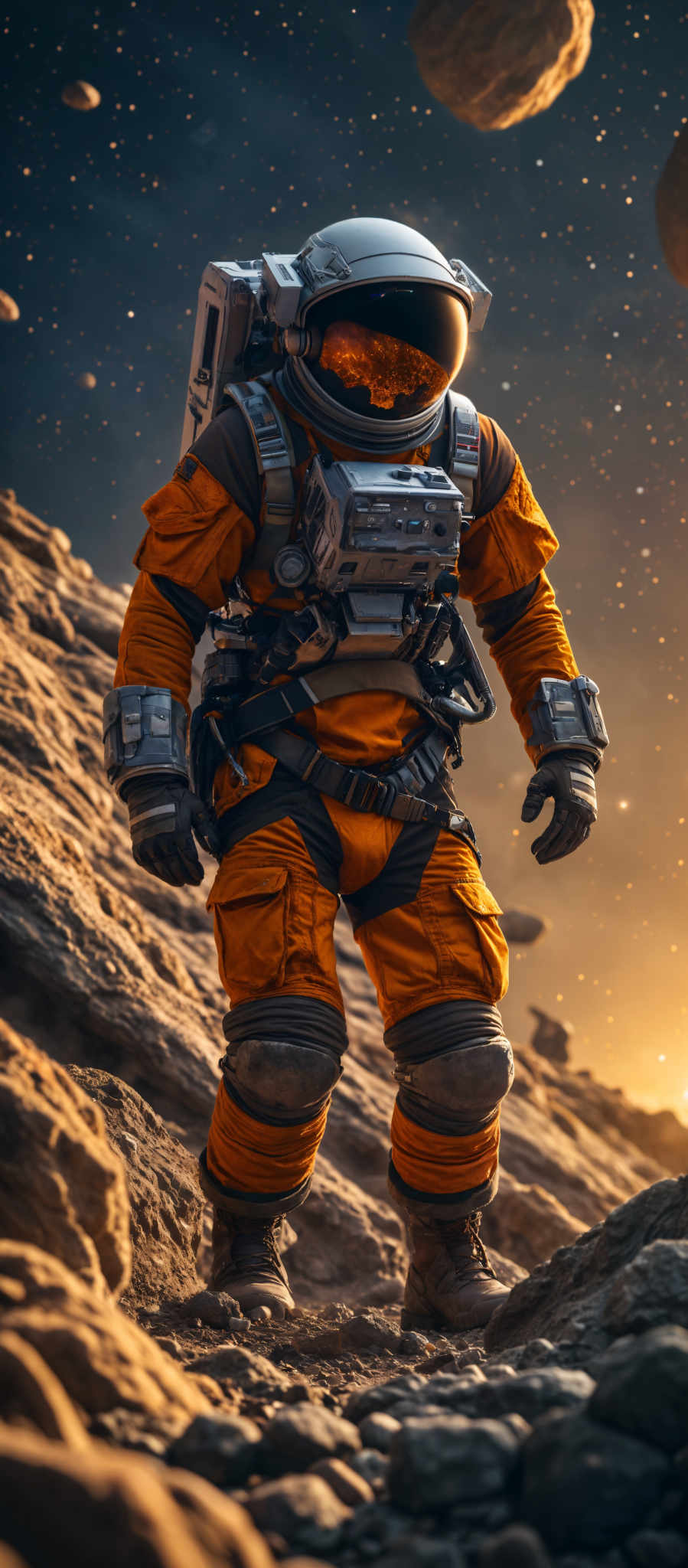 A person in an orange and black suit with a helmet and backpack.