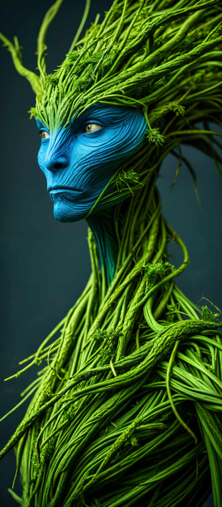 A blue and green sculpture of a face with vines growing from it.