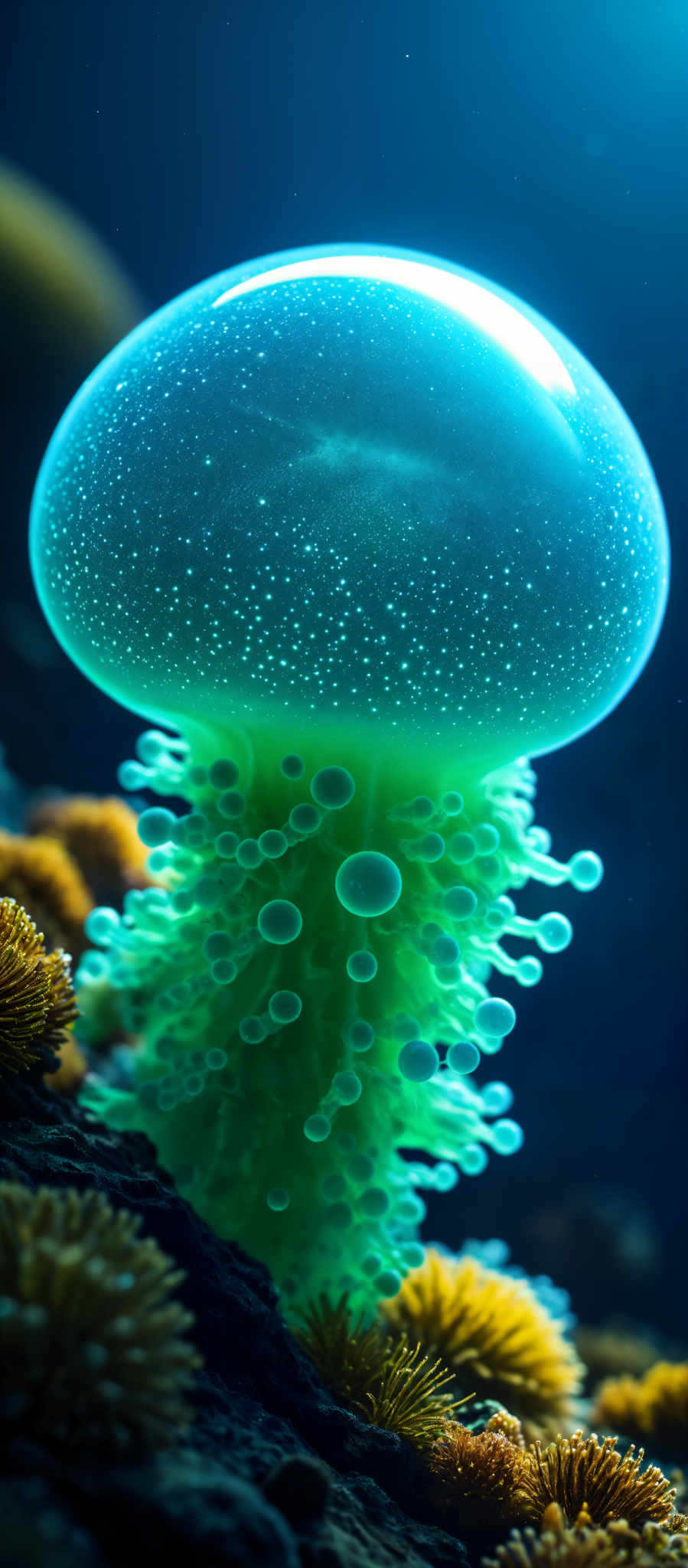 A close up of a jellyfish with a blue-green body and white dots.