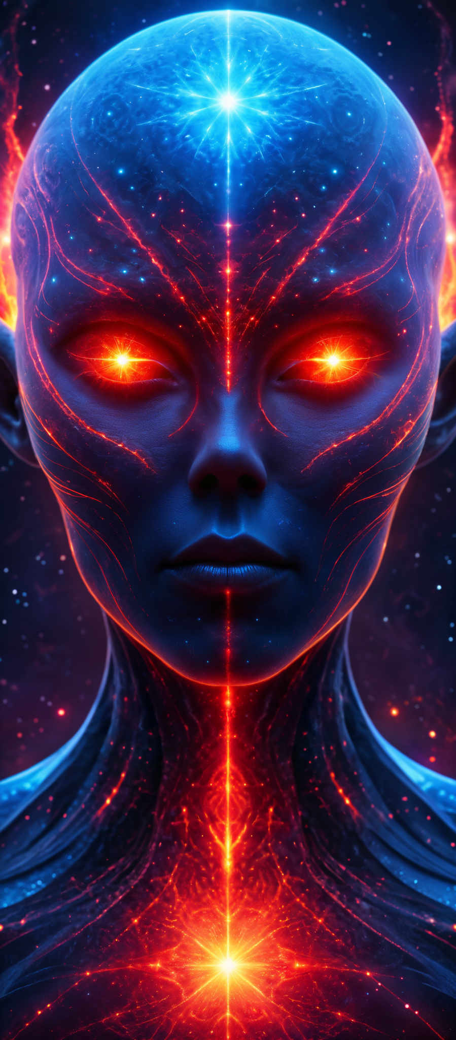 A close up of a face with glowing red eyes and blue skin.