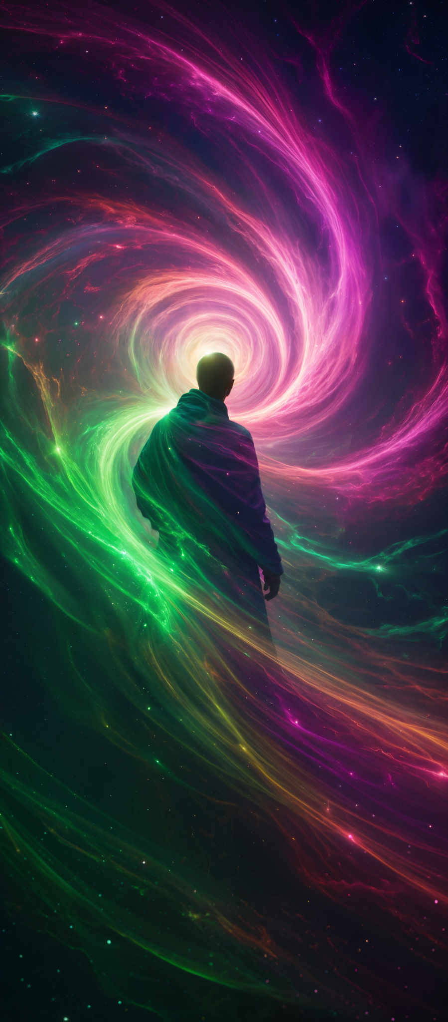 A man in a blue robe stands in front of a swirling background of green and purple lights.