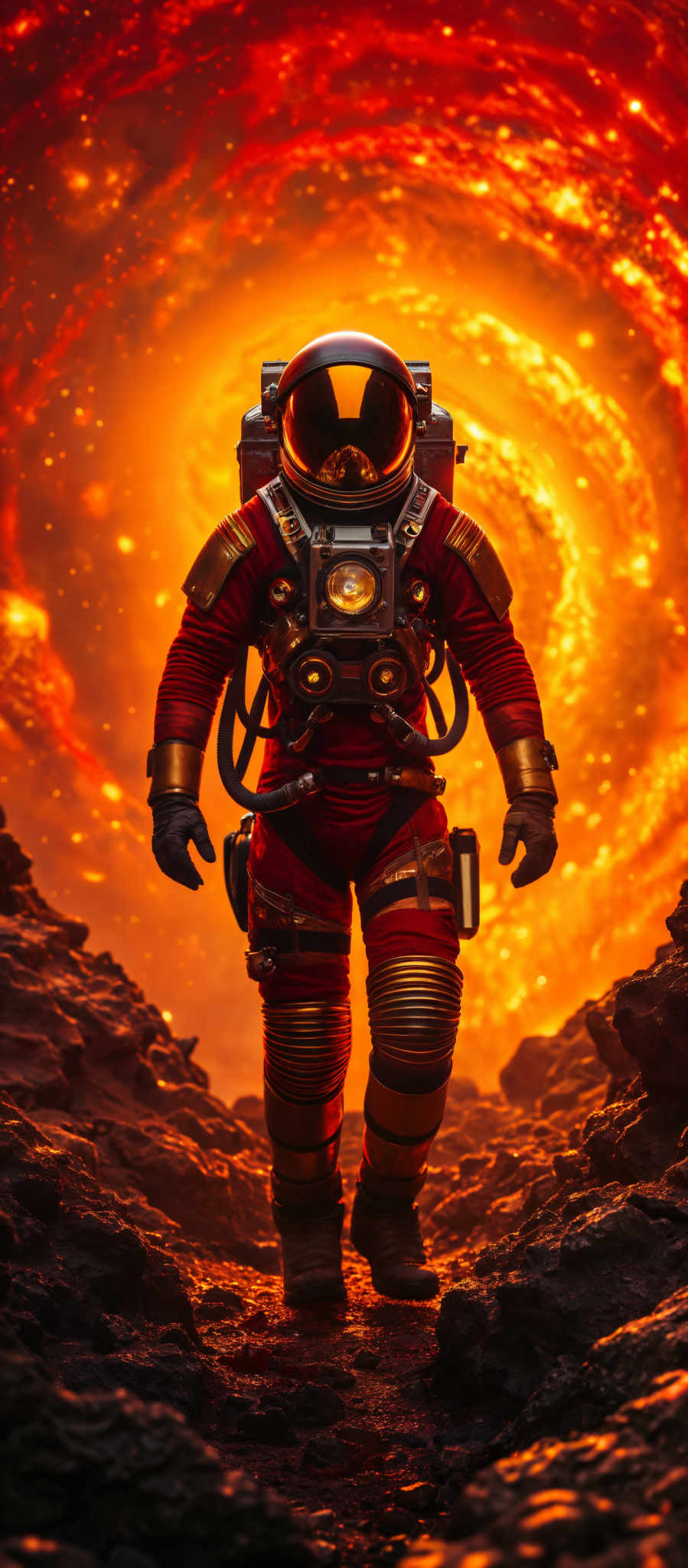 A space suit with a helmet and gloves. The suit is red and gold. The helmet has a visor. The gloves are black. The space suit is on a rocky surface.