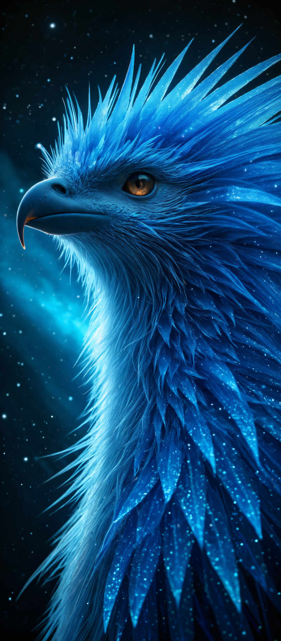 A blue eagle with a yellow eye is shown in a starry night sky.